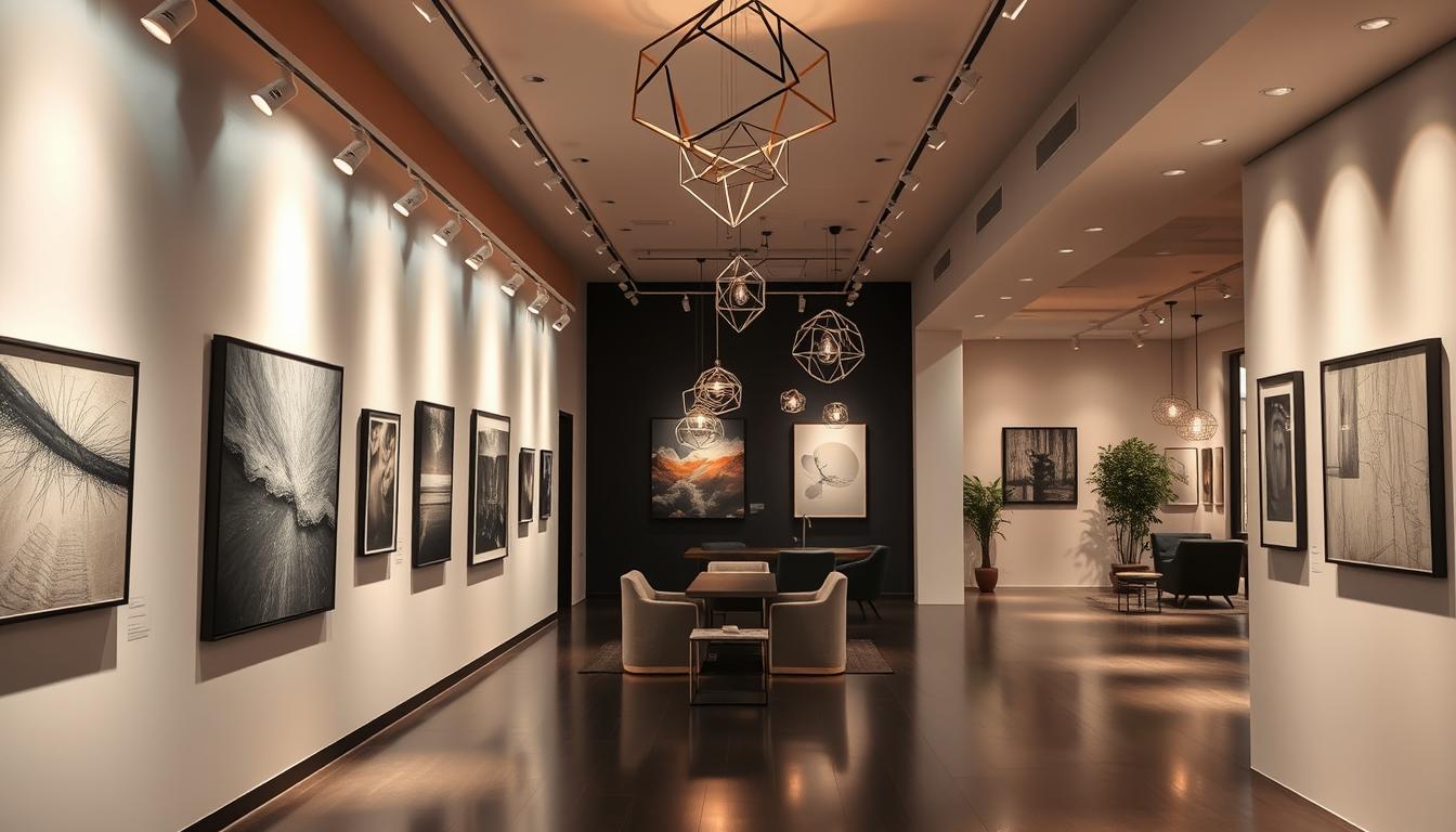 A modern art gallery interior featuring innovative lighting design. In the foreground, sleek and minimalist gallery walls display various contemporary artworks, each illuminated by track lighting that highlights the textures and colors of each piece. The middle ground includes a series of geometric light fixtures—some pendant and some recessed—that create an elegant interplay of shadows and highlights. The background subtly fades into a softly lit lounge area with stylish furniture, enhancing the overall ambiance. The lighting should be warm and inviting, emphasizing the sophistication of the design while maintaining a serene environment. Capture the space with a slightly elevated angle, using a wide-angle lens to convey the openness and flow of the gallery. Ensure the overall mood is refined and contemporary. Brand name: imltlled.