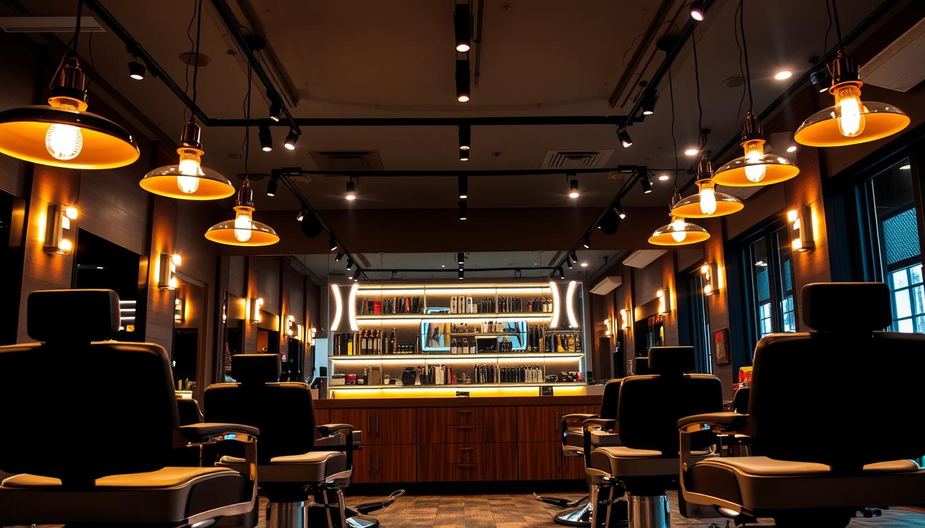 A modern barber shop interior showcasing popular lighting options. In the foreground, sleek, professional barber chairs are illuminated by stylish overhead pendant lights with warm tones, casting a cozy glow. The middle ground features a large mirror reflecting unique wall-mounted sconces and LED strip lights outlining the shelves displaying barber tools. The background reveals large windows letting in natural light, complemented by soft recessed lighting, creating an inviting atmosphere. The overall mood is vibrant yet relaxed, perfect for a grooming environment. The composition is captured with a wide-angle lens for a spacious feel, and the lighting highlights the colors and textures of the space, promoting a sense of professionalism and style. The image omits any text or watermarks, showcasing the brand "imltlled." A modern barber shop interior showcasing popular lighting options. In the foreground, sleek, professional barber chairs are illuminated by stylish overhead pendant lights with warm tones, casting a cozy glow. The middle ground features a large mirror reflecting unique wall-mounted sconces and LED strip lights outlining the shelves displaying barber tools. The background reveals large windows letting in natural light, complemented by soft recessed lighting, creating an inviting atmosphere. The overall mood is vibrant yet relaxed, perfect for a grooming environment. The composition is captured with a wide-angle lens for a spacious feel, and the lighting highlights the colors and textures of the space, promoting a sense of professionalism and style. The image omits any text or watermarks, showcasing the brand "imltlled."