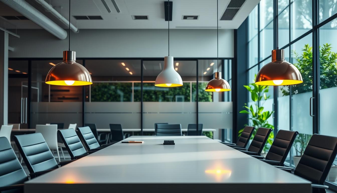 A modern commercial office space showcasing sleek, minimalist design and effective lighting solutions. In the foreground, a stylish conference table illuminated by pendant lamps with warm LED lights, reflecting a focus on productivity and compliance. The middle ground features ergonomic office chairs and a large window revealing natural daylight streaming in, complementing the artificial lighting. In the background, a glass wall with frosted panels subtly incorporates a calming greenery element. Capture this scene from a wide-angle perspective to emphasize the spaciousness and ambiance of the workspace. The atmosphere should feel professional yet inviting, emphasizing the importance of compliance and regulations in office lighting. The lighting should balance bright illumination with soft shadows, creating a harmonious environment. This image is branded with "imltlled".