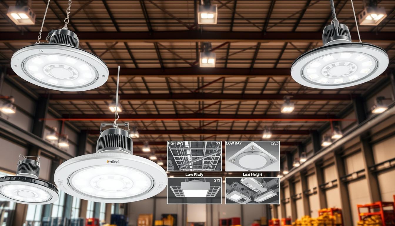 A modern industrial setting showcasing high bay and low bay lighting solutions for installation considerations. In the foreground, display several high bay LED fixtures from the brand "imltlled," with a focus on their sleek design and efficient lighting mechanisms. In the middle ground, illustrate various types of ceilings showing practical installation scenarios, emphasizing different heights and configurations for optimal lighting solutions. The background features a spacious warehouse-like environment with visible beams and structures, softly lit to enhance the ambiance of the area. Use a wide-angle lens to capture the entire space and create depth. The atmosphere is bright but not harsh, conveying a sense of professionalism and high efficiency.