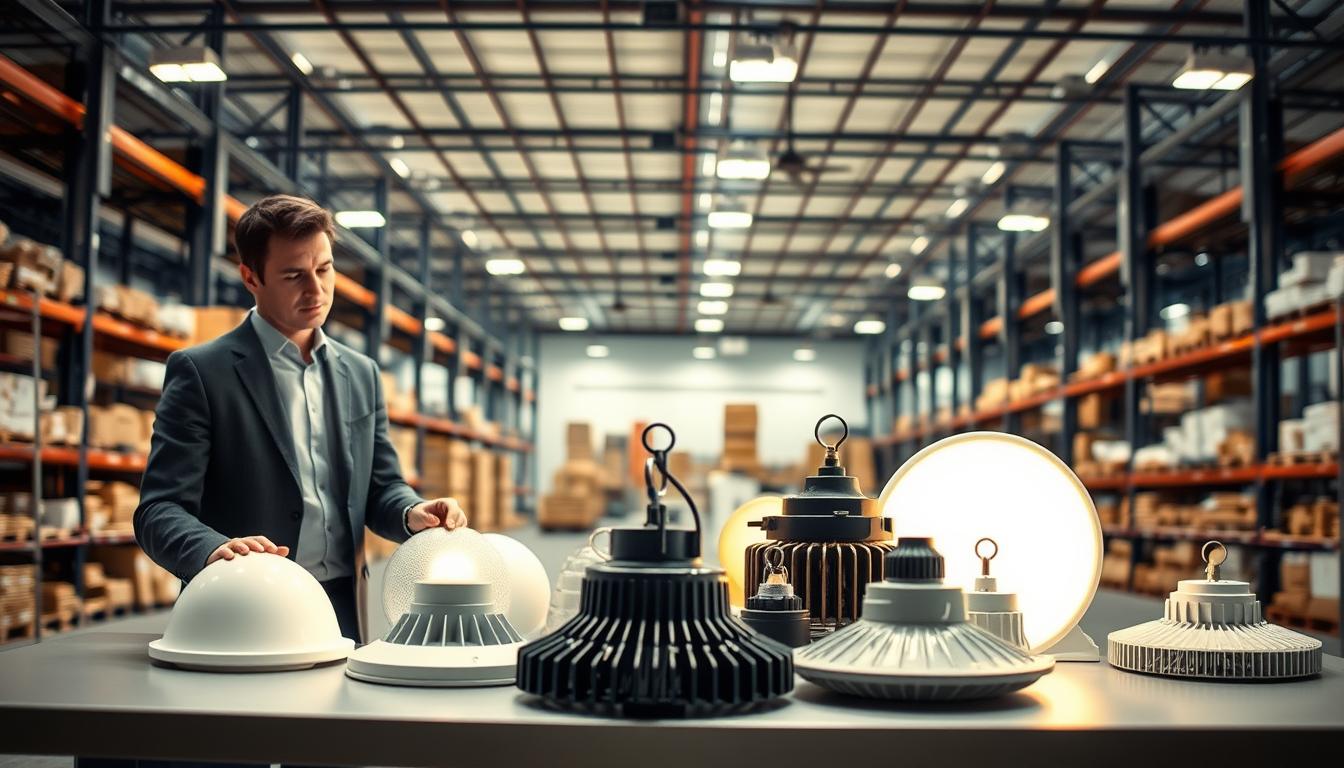 A modern industrial setting showcasing the factors influencing lighting choice, with high bay and low bay lights distinctly displayed. In the foreground, a professional business person in modest attire examines lighting samples on a sleek table, radiating focused professionalism. The middle ground features a variety of lighting fixtures, both high bay and low bay, against a backdrop of a spacious warehouse filled with shelves. The background presents tall ceilings with visible beams and industrial equipment, creating an authentic atmosphere. Soft, warm lighting illuminates the scene, casting gentle shadows that emphasize the fixtures' features. Use a wide-angle lens to capture the entire environment, maintaining clarity and depth. The mood is informative and engaging, perfect for illustrating the significance and impact of lighting choices in industrial spaces. Brand name: imltlled.