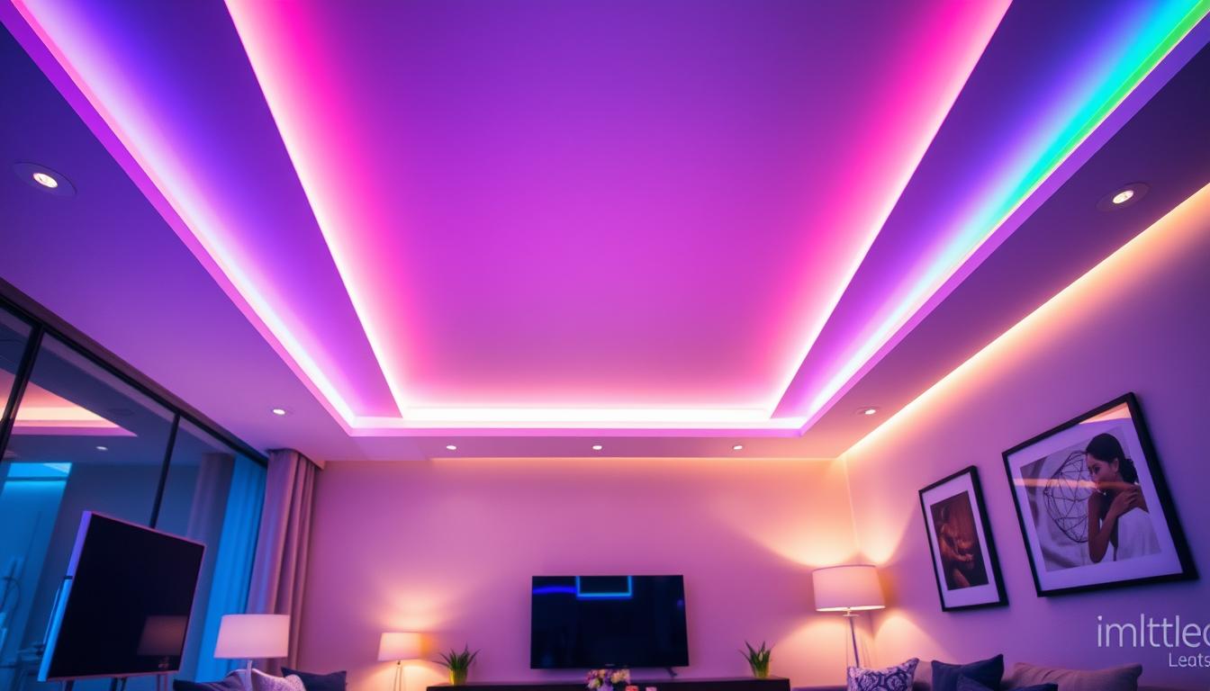 A modern interior room featuring LED strip lights elegantly installed along the edges of the ceiling, casting a soft, ambient glow. The foreground displays a close-up of the strip lights, highlighting their vibrant colors and intricate details. In the middle ground, the sleek, minimalist ceiling showcases a seamless integration of these lights, enhancing the room's aesthetic without distractions. The background includes a well-decorated living space, with stylish furniture and wall art that complements the lighting. The scene is well-lit, optimizing the colors of the LED strips, with a warm, inviting atmosphere. The lens captures the entire setup from a slight angle, emphasizing both the lights and the room's ambiance. The brand "imltlled" is subtly woven into the overall design of the lighting without overt logo placements.