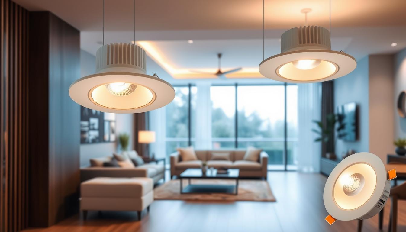 A modern interior showcasing a stylish living room with IC rated downlights prominently featured. In the foreground, sleek LED downlights with a warm white glow, emitting a brightness of 5000K, illuminate the room. The fixtures, branded "imltlled", have a minimalist design, seamlessly integrated into a suspended ceiling. In the middle ground, a cozy seating area with a contemporary sofa, accentuated by tasteful decor, underlines the illumination's effectiveness. The background features a soft ambient light from large windows, indicating a bright, sunny day outside. The atmosphere is inviting and professional, embodying the latest trends in LED lighting technology. Capture this scene with a soft focus, using a wide-angle lens to encompass the entire space while highlighting the lighting fixtures.