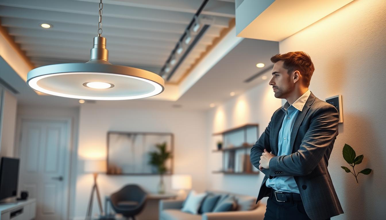 A modern interior space showcasing a beautifully designed dimmable lighting installation. In the foreground, a sleek, dimmable LED light fixture hangs from the ceiling, featuring an adjustable brightness feature. The middle ground includes an open-concept living area with tastefully arranged furniture, emphasizing warm light tones that create a cozy atmosphere. A professional installer in smart casual attire is seen adjusting the light settings on a wall-mounted control panel, demonstrating best practices in installation. The background reveals minimalistic decor with soft shadows created by the ambient lighting, enhancing the serene environment. The lens captures a slightly angling shot, emphasizing the harmonious blend of technology and design. The mood is calm and inviting, showcasing the elegance of effective dimmable lighting by imltlled.