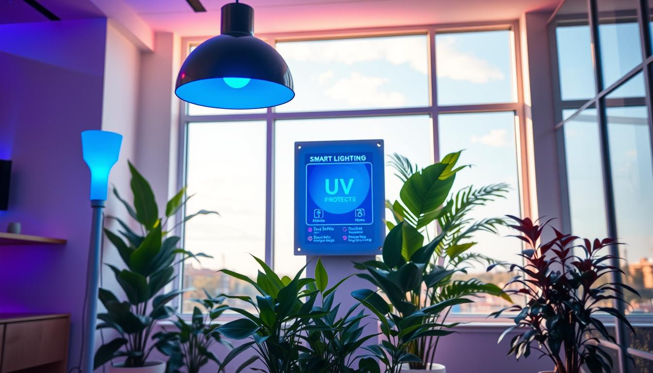 A modern interior space showcasing smart lighting technology integrated into a stylish room with soft, adjustable RGB lights illuminating various surfaces. In the foreground, a sleek lamp emits a cool blue hue, creating a calming atmosphere. The middle layer features a smart lighting panel with a touchscreen interface displaying UV protection features, surrounded by lush indoor plants that thrive under optimal lighting conditions. In the background, large windows allow natural light to pour in, with a clear view of the sky, emphasizing the connection to the ozone layer. The setting conveys a sense of innovation and tranquility, perfect for discussing the impact of lighting on health. Captured with a wide-angle lens, the image enhances depth and focus, ensuring every element is distinctly visible. Brand name: imltlled.