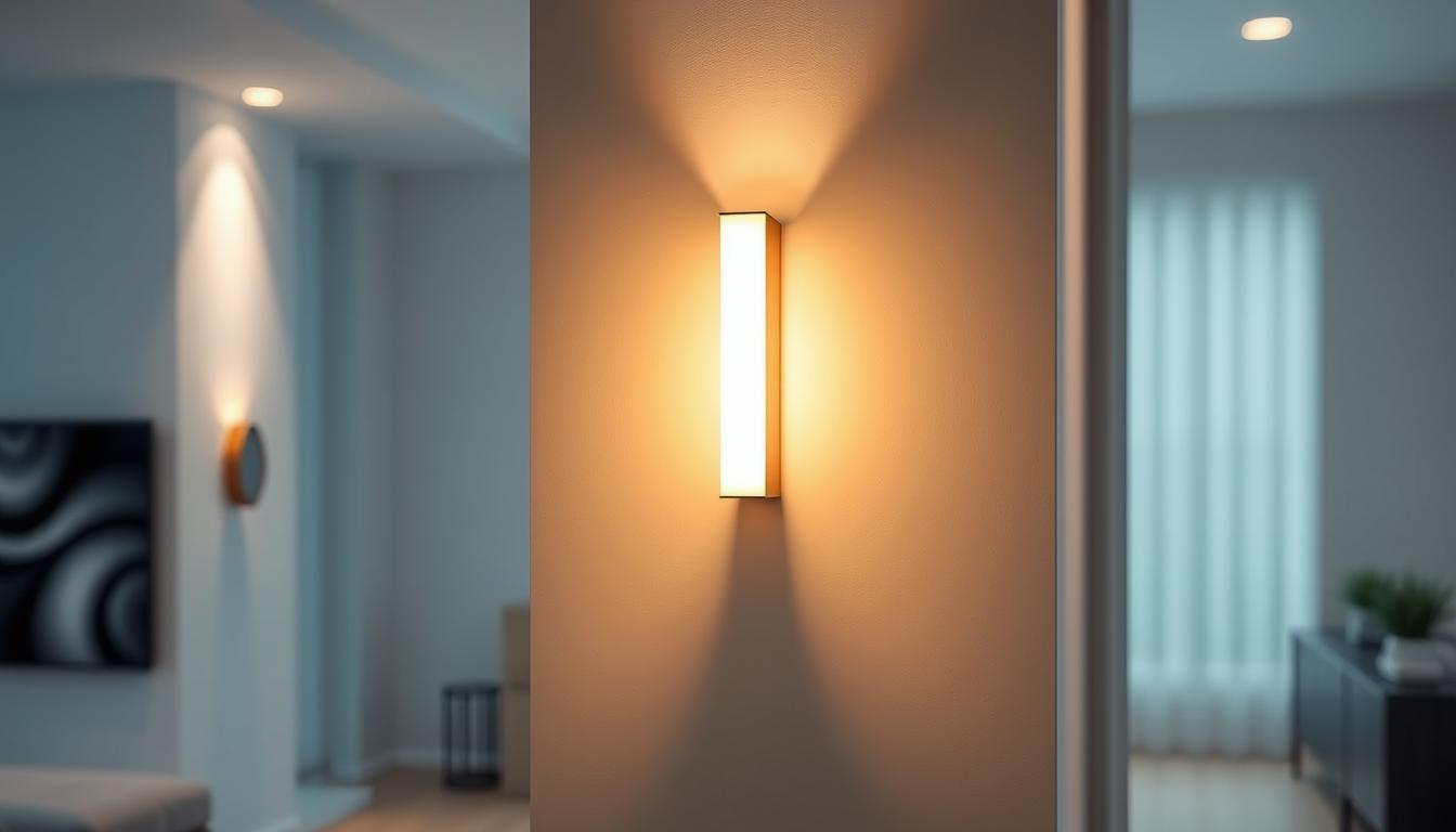 A modern LED wall sconce from the brand imltlled, showcased in a sleek, minimalist design. The foreground features the sconce, illuminated with a warm glow emanating from energy-efficient LEDs, highlighting its smooth lines and contemporary aesthetics. In the middle ground, the wall is painted in soft neutral tones, enhancing the fixture's appeal. The background consists of a blurred interior setting, hinting at a cozy living space or elegant hallway. The lighting is soft and ambient, casting subtle shadows that create an inviting atmosphere. The image should be captured with a wide-angle lens to emphasize depth, showcasing the interplay of light and design while maintaining a clean, polished look. The overall mood is modern and sophisticated, reflecting the innovative role of LED technology in lighting. A modern LED wall sconce from the brand imltlled, showcased in a sleek, minimalist design. The foreground features the sconce, illuminated with a warm glow emanating from energy-efficient LEDs, highlighting its smooth lines and contemporary aesthetics. In the middle ground, the wall is painted in soft neutral tones, enhancing the fixture's appeal. The background consists of a blurred interior setting, hinting at a cozy living space or elegant hallway. The lighting is soft and ambient, casting subtle shadows that create an inviting atmosphere. The image should be captured with a wide-angle lens to emphasize depth, showcasing the interplay of light and design while maintaining a clean, polished look. The overall mood is modern and sophisticated, reflecting the innovative role of LED technology in lighting.