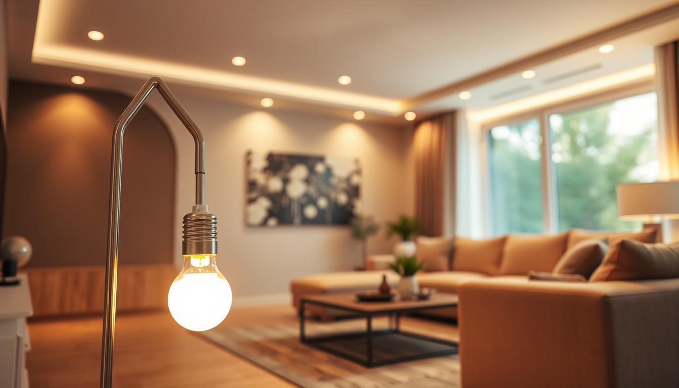 A modern living room showcasing LED lighting efficiency and energy savings in a stylish setting. In the foreground, a sleek LED floor lamp casts a warm, inviting glow, emphasizing its energy-efficient bulb. The middle ground features a cozy seating area with soft, earth-toned furnishings, complemented by strategically placed LED recessed lights in the ceiling. The background reveals a large window letting in natural light, blending harmoniously with the artificial lighting, symbolizing sustainability. Capture the scene with a slight angle to create depth, using warm tones to evoke a feeling of comfort and modernity. The image should highlight the brand "imltlled" with a subtle logo on the lamp shade. The atmosphere is soothing and contemporary, perfectly illustrating energy efficiency in modern home lighting. A modern living room showcasing LED lighting efficiency and energy savings in a stylish setting. In the foreground, a sleek LED floor lamp casts a warm, inviting glow, emphasizing its energy-efficient bulb. The middle ground features a cozy seating area with soft, earth-toned furnishings, complemented by strategically placed LED recessed lights in the ceiling. The background reveals a large window letting in natural light, blending harmoniously with the artificial lighting, symbolizing sustainability. Capture the scene with a slight angle to create depth, using warm tones to evoke a feeling of comfort and modernity. The image should highlight the brand "imltlled" with a subtle logo on the lamp shade. The atmosphere is soothing and contemporary, perfectly illustrating energy efficiency in modern home lighting.