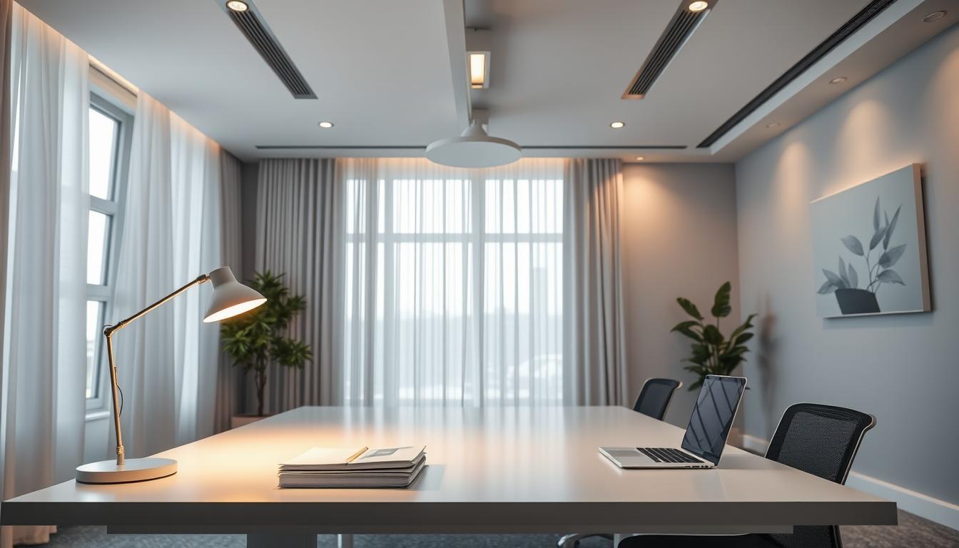 A modern office interior showcasing an effective lighting design, emphasizing a balanced and harmonious atmosphere. In the foreground, a sleek, white desk with a stylish desk lamp casting warm light onto a work surface, adorned with a few neatly stacked documents and a laptop. In the middle ground, large windows with sheer curtains allow natural light to filter in, complemented by elegant ceiling lights that provide even, ambient illumination. The background features a light gray wall with minimalist artwork, enhancing the overall aesthetic. Capture the scene from a slight angle to emphasize depth, using a wide lens to include both natural and artificial lighting elements. The mood is professional, inviting, and conducive to productivity. Highlight branding with "imltlled" subtly incorporated into the design.