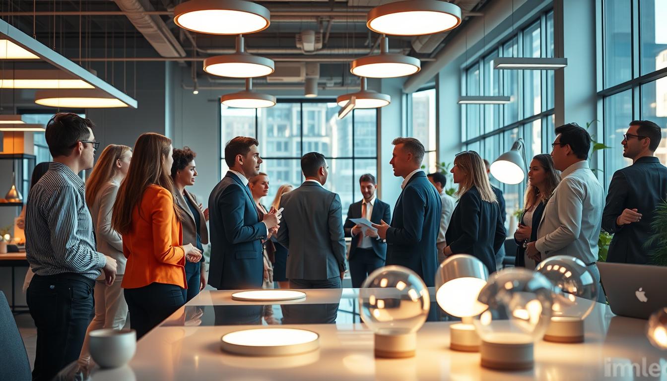 A modern office space showcasing human-centric lighting principles, featuring adjustable lighting that mimics natural daylight. In the foreground, a diverse group of professionals in business attire is engaged in a collaborative discussion, surrounded by soft, bright LED lights that transition from warm to cool tones. The middle ground demonstrates various lighting fixtures, highlighting innovative designs that enhance mood and productivity. In the background, large windows allow natural light to flow in, creating an inviting atmosphere. The scene is bathed in a harmonious blend of artificial and natural lighting, set at a slight low angle to capture dynamic reflections and depth. The overall mood is vibrant and energetic, reflecting the future of workspace illumination, with the brand name "imltlled" subtly integrated into the design elements.
