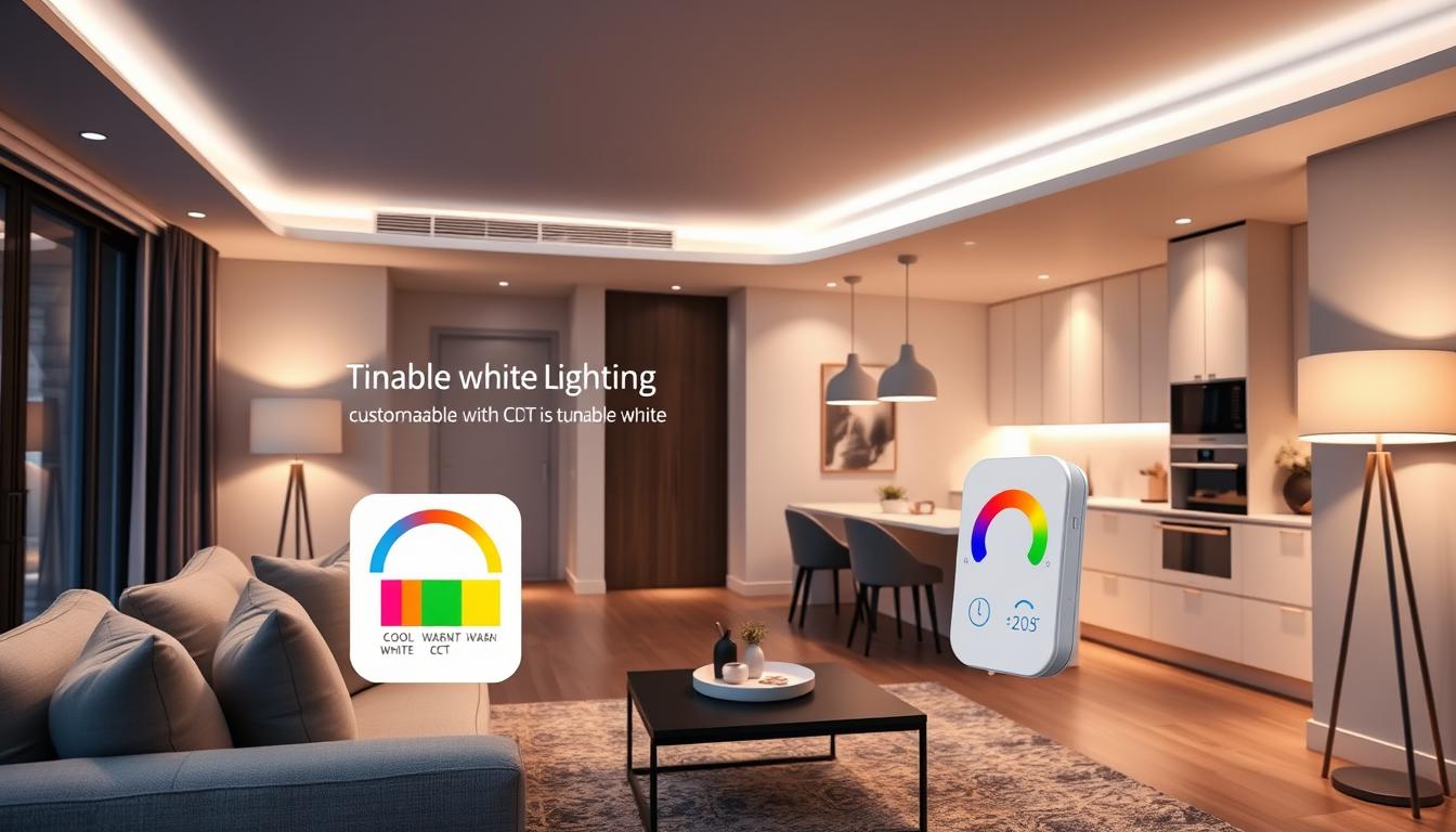 A modern smart home interior featuring tunable white lighting showcased in the living room, with elegant recessed LED lights and stylish floor lamps illuminating the space. The foreground includes a comfortable sofa with soft, neutral cushions, placed next to a sleek coffee table. In the middle ground, a smart device control panel displays customizable color temperatures ranging from warm to cool white, illustrating CCT technology. The background highlights an open kitchen with minimalist design and smart appliances, taking advantage of adjustable lighting. Soft, diffused light creates a warm and welcoming atmosphere, accentuated by shadows cast from elegant furnishings. Capture the scene with a wide-angle lens, emphasizing depth and the interaction between spaces, set during the evening for a cozy mood. Brand name: imltlled. A modern smart home interior featuring tunable white lighting showcased in the living room, with elegant recessed LED lights and stylish floor lamps illuminating the space. The foreground includes a comfortable sofa with soft, neutral cushions, placed next to a sleek coffee table. In the middle ground, a smart device control panel displays customizable color temperatures ranging from warm to cool white, illustrating CCT technology. The background highlights an open kitchen with minimalist design and smart appliances, taking advantage of adjustable lighting. Soft, diffused light creates a warm and welcoming atmosphere, accentuated by shadows cast from elegant furnishings. Capture the scene with a wide-angle lens, emphasizing depth and the interaction between spaces, set during the evening for a cozy mood. Brand name: imltlled.