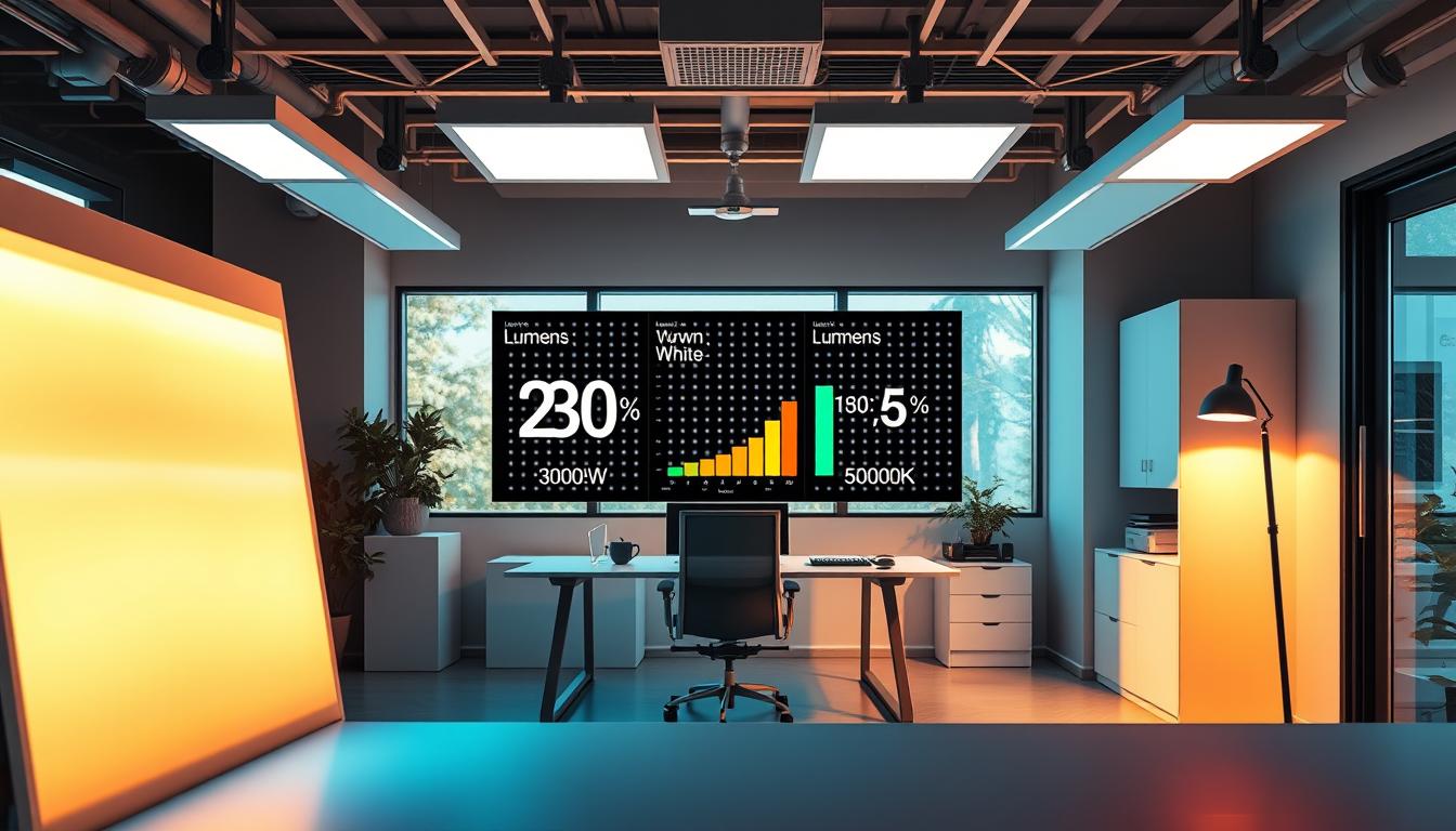A modern workspace illuminated by various LED lighting options, showcasing the interplay of colors from different Kelvin temperatures. In the foreground, sleek LED strips emit warm white light (3000K) alongside cool white (5000K) recessed lights, casting soft shadows. The middle layer presents an LED panel displaying lumens ratings, emphasizing efficiency and brightness, with a backdrop of a clean, minimalist office environment that features a stylish desk and ergonomic chair. Natural light filters through a large window, enhancing the ambiance. The image captures a professional mood, highlighting the significance of selecting the right LED lighting for functionality and aesthetics, with the brand "imltlled" subtly integrated within the design elements. Ideal for a technological feel, high-resolution clarity, and balanced composition, creating an inviting atmosphere for productivity.