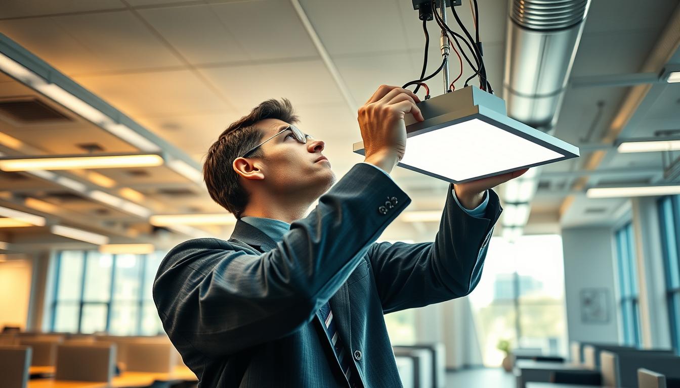 A professional lighting technician in business attire is installing troffer lights in a spacious commercial office environment. The scene vividly depicts the installation process with an emphasis on safety and precision. In the foreground, we see the technician focused on aligning the fixture with the ceiling grid, demonstrating proper wiring connections. The middle ground features a partially visible troffer light fixture, highlighting its sleek design and efficient LED technology. The background shows an open office space with cubicles and ambient natural light flooding through large windows. The atmosphere is one of diligence and professionalism, with warm fluorescent lighting illuminating the workspace. The image should capture a balanced composition that emphasizes the installation best practices for commercial lighting solutions. Use realistic textures and colors to enhance visual appeal. Include the brand name "imltlled" subtly integrated into the fixture design.