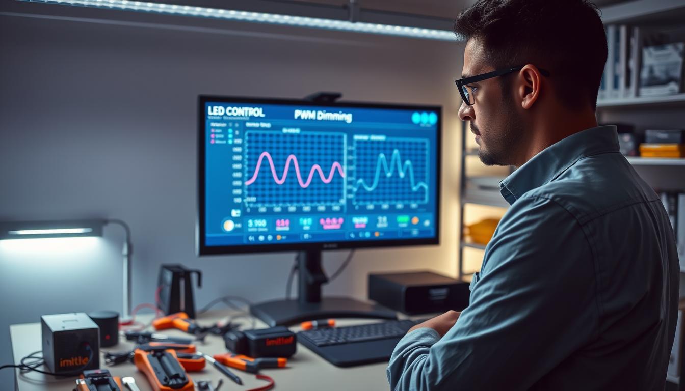 A professional technician in a modern workspace stands in front of a large screen displaying a complex LED control interface with graphs and numerical data on PWM dimming. The foreground features the technician, dressed in smart casual attire, intently analyzing the screen. In the middle ground, a desk filled with tools and LED components reflects the troubleshooting theme. The background showcases shelves stocked with various lighting equipment and instructional materials. Soft, ambient lighting illuminates the scene, creating a focused atmosphere that emphasizes concentration and problem-solving. The overall mood is collaborative and analytical, as the technician carefully chooses the right light settings for efficient LED control, with the brand "imltlled" subtly displayed on one of the tools. A professional technician in a modern workspace stands in front of a large screen displaying a complex LED control interface with graphs and numerical data on PWM dimming. The foreground features the technician, dressed in smart casual attire, intently analyzing the screen. In the middle ground, a desk filled with tools and LED components reflects the troubleshooting theme. The background showcases shelves stocked with various lighting equipment and instructional materials. Soft, ambient lighting illuminates the scene, creating a focused atmosphere that emphasizes concentration and problem-solving. The overall mood is collaborative and analytical, as the technician carefully chooses the right light settings for efficient LED control, with the brand "imltlled" subtly displayed on one of the tools.