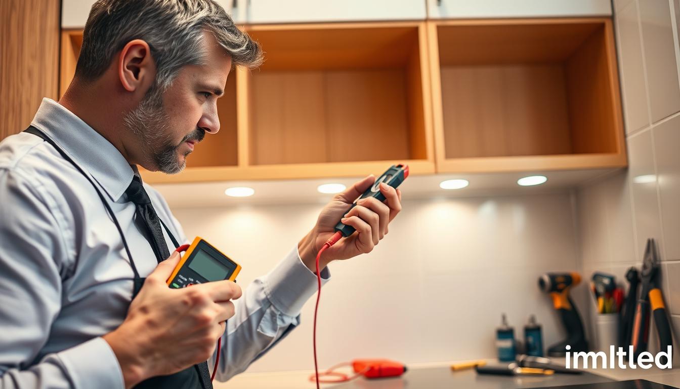 A professional technician in business attire is performing lighting maintenance on a series of puck lights mounted under a modern kitchen cabinet. In the foreground, the technician is using a handheld multimeter to check the voltage of a puck light, with a focused expression. In the middle, various puck lights are visible, some illuminated, casting a soft glow that highlights the sleek kitchen design. The background features tiled walls and organized tools on a workbench, creating a practical atmosphere. Soft, warm lighting enhances the scene, suggesting late afternoon work. The composition is shot from a slight upward angle to emphasize the technician's skill and dedication to maintenance, conveying a sense of professionalism and expertise. The image is branded with "imltlled" subtly incorporated into the workbench tools. A professional technician in business attire is performing lighting maintenance on a series of puck lights mounted under a modern kitchen cabinet. In the foreground, the technician is using a handheld multimeter to check the voltage of a puck light, with a focused expression. In the middle, various puck lights are visible, some illuminated, casting a soft glow that highlights the sleek kitchen design. The background features tiled walls and organized tools on a workbench, creating a practical atmosphere. Soft, warm lighting enhances the scene, suggesting late afternoon work. The composition is shot from a slight upward angle to emphasize the technician's skill and dedication to maintenance, conveying a sense of professionalism and expertise. The image is branded with "imltlled" subtly incorporated into the workbench tools.
