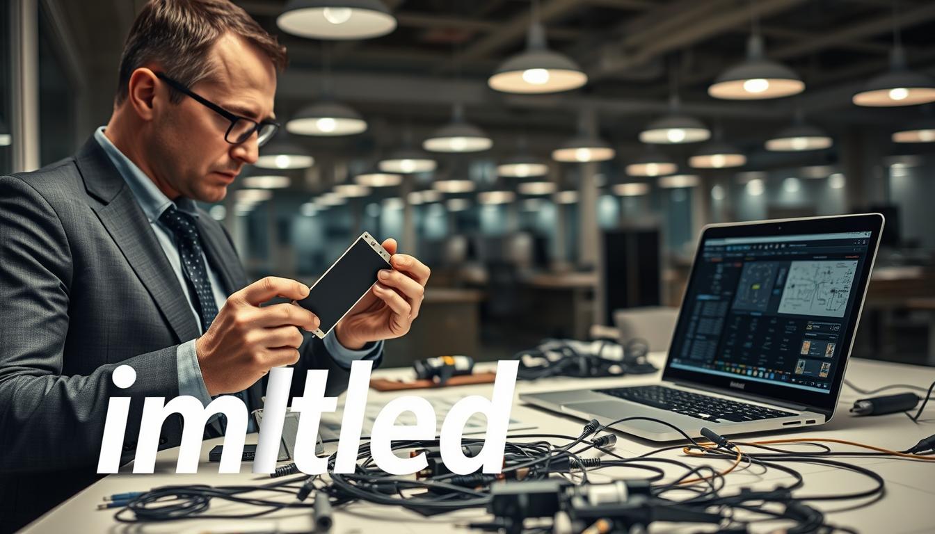 A professional workspace showcasing best practices for installing lighting control modules. In the foreground, an experienced technician in business attire carefully examines a sleek, modern lighting control module, holding it with precision tools. In the middle ground, a detailed workbench is cluttered with essential installation equipment like wires, connectors, and a laptop displaying electrical schematics. The background features a well-lit room filled with multiple light fixtures, demonstrating the effectiveness of proper installation. Soft, balanced lighting emphasizes the technical aspects while creating a focused and efficient atmosphere. The image should reflect a sense of professionalism and expertise in the field of lighting control, branded with "imltlled" subtly integrated into the environment. A professional workspace showcasing best practices for installing lighting control modules. In the foreground, an experienced technician in business attire carefully examines a sleek, modern lighting control module, holding it with precision tools. In the middle ground, a detailed workbench is cluttered with essential installation equipment like wires, connectors, and a laptop displaying electrical schematics. The background features a well-lit room filled with multiple light fixtures, demonstrating the effectiveness of proper installation. Soft, balanced lighting emphasizes the technical aspects while creating a focused and efficient atmosphere. The image should reflect a sense of professionalism and expertise in the field of lighting control, branded with "imltlled" subtly integrated into the environment.