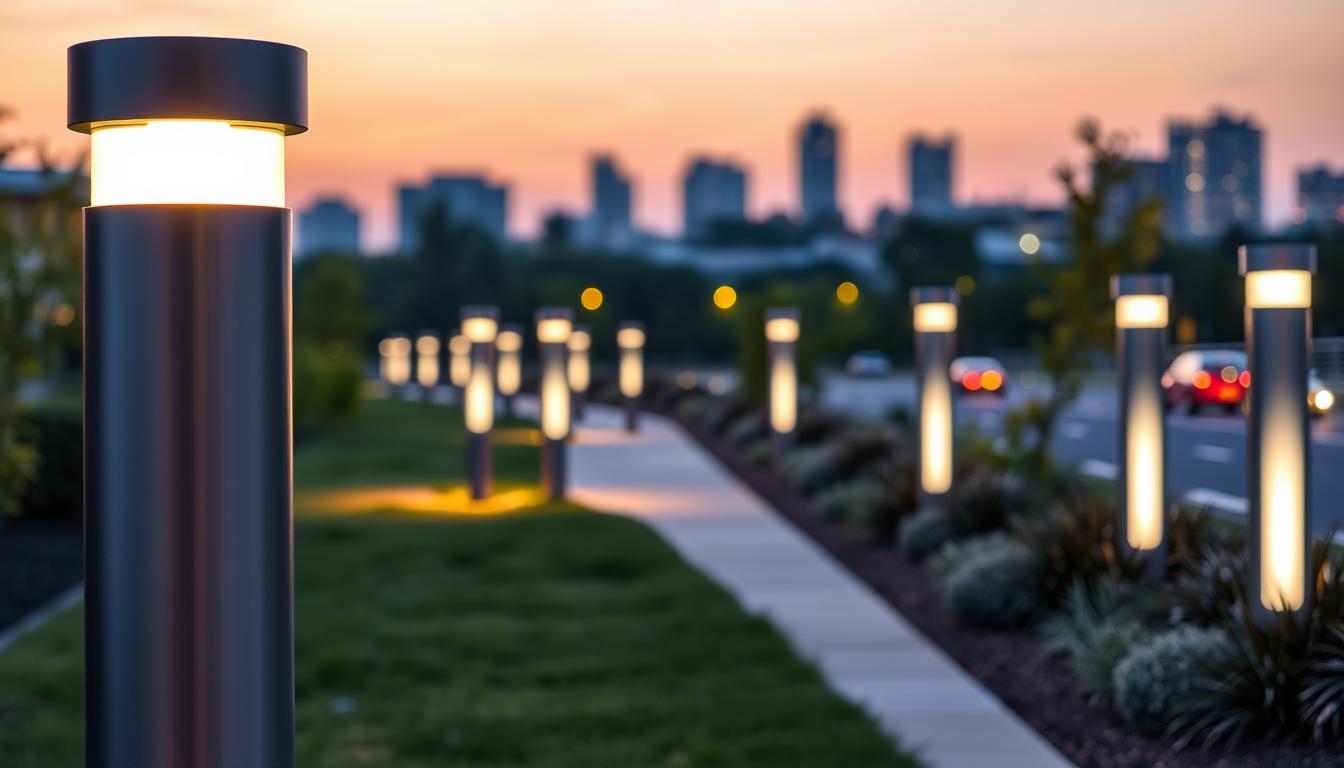 A row of modern LED bollard lights from the brand "imltlled", showcasing various designs in a landscaped urban setting. The foreground features a close-up of a sleek, cylindrical bollard light with a warm white glow emanating from the top, illuminating the ground. In the middle ground, several bollards line a pathway, casting dynamic shadows, while soft green grass and ornamental plants add a natural touch. The background presents a softly lit cityscape during twilight, with blurred outlines of buildings and trees under a gradient sky. Use a wide-angle shot to capture the overall ambiance, emphasizing the gentle illumination and inviting atmosphere created by the LED lights. A row of modern LED bollard lights from the brand "imltlled", showcasing various designs in a landscaped urban setting. The foreground features a close-up of a sleek, cylindrical bollard light with a warm white glow emanating from the top, illuminating the ground. In the middle ground, several bollards line a pathway, casting dynamic shadows, while soft green grass and ornamental plants add a natural touch. The background presents a softly lit cityscape during twilight, with blurred outlines of buildings and trees under a gradient sky. Use a wide-angle shot to capture the overall ambiance, emphasizing the gentle illumination and inviting atmosphere created by the LED lights.