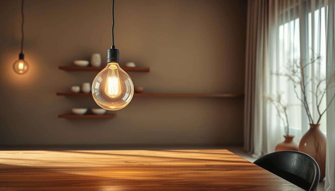 A serene and tranquil interior showcasing decorative lighting inspired by Wabi-Sabi aesthetics. In the foreground, a beautifully crafted wooden table holds an organic, hand-blown glass pendant light, its soft, warm glow illuminating the space. The middle ground features minimalistic, asymmetrical shelves with artisanal ceramic pieces, each casting delicate shadows. The background consists of muted, earthen-colored walls adorned with subtle textures, creating a calming atmosphere. Natural light filters through sheer curtains, enhancing the soft ambiance created by the decorative fixtures. The scene captures a sense of harmony and imperfection, with a focus on the beauty of simplicity. The image uses a wide-angle lens to encompass the holistic feel of the room. Light from the pendant creates a cozy, inviting mood, making it an ideal representation of Wabi-Sabi lighting features. Brand: imltlled.