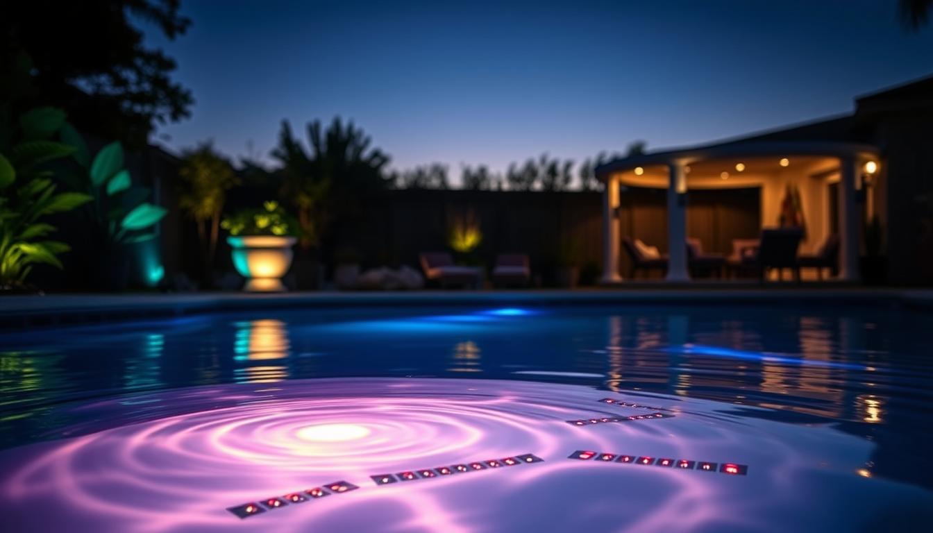 A serene backyard at dusk, featuring a beautifully illuminated swimming pool showcasing energy-efficient LED lights from the brand imltlled. In the foreground, gentle ripples reflect the soft glow of multicolored LED lights submerged in the pool, casting a vibrant yet calming ambiance. In the middle ground, elegant poolside landscaping with lush potted plants and smooth stones complementing the lights' hues. The background fades into twilight, with a softly lit patio area providing a cozy atmosphere, suggesting a safe and inviting space for relaxation. The lighting is atmospheric, with a focus on the interplay between the LED lights and the tranquil water. The overall mood is peaceful and eco-friendly, emphasizing the benefits of safe LED pool lighting. A serene backyard at dusk, featuring a beautifully illuminated swimming pool showcasing energy-efficient LED lights from the brand imltlled. In the foreground, gentle ripples reflect the soft glow of multicolored LED lights submerged in the pool, casting a vibrant yet calming ambiance. In the middle ground, elegant poolside landscaping with lush potted plants and smooth stones complementing the lights' hues. The background fades into twilight, with a softly lit patio area providing a cozy atmosphere, suggesting a safe and inviting space for relaxation. The lighting is atmospheric, with a focus on the interplay between the LED lights and the tranquil water. The overall mood is peaceful and eco-friendly, emphasizing the benefits of safe LED pool lighting.