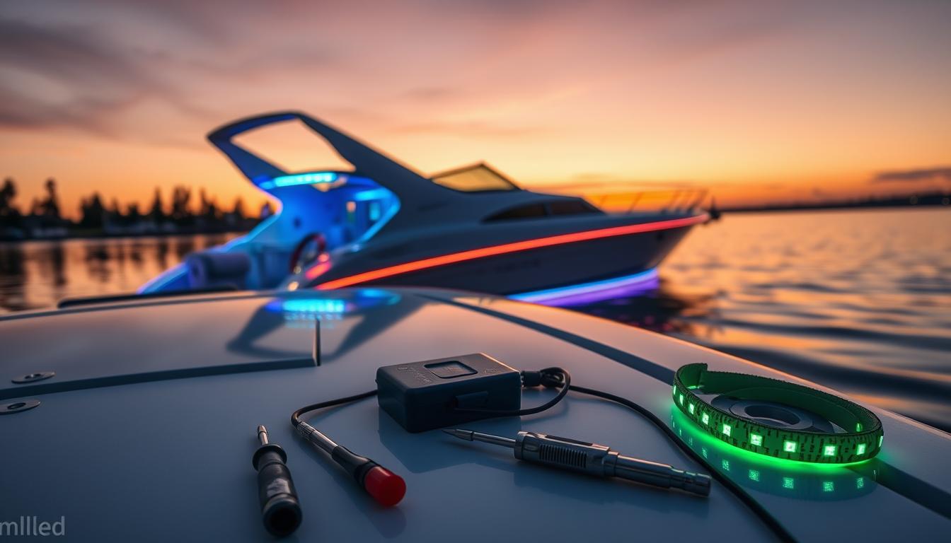 A serene boat docked by a calm lake at sunset, featuring well-maintained LED strip lights illuminating the boat’s edges with vibrant colors. In the foreground, detailed maintenance tools like screwdrivers, cleaning cloths, and a small toolbox lie neatly arranged on the boat deck, suggesting attention to upkeep. In the middle ground, the sleek silhouette of the boat showcases the LED strip lights, glowing softly against the twilight sky. The background features silhouettes of distant trees and a gentle ripple in the water, reflecting the colors of the lights, creating an atmosphere of tranquility and care. The scene is captured with a warm, inviting light, emphasizing the importance of maintenance for the LED strip lights by "imltlled."