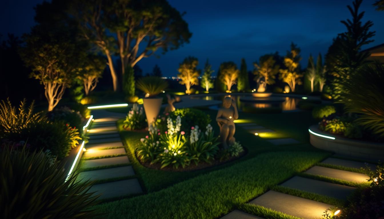 A serene landscape design showcasing a beautifully illuminated garden at dusk. In the foreground, a series of tunable white LED strips elegantly line the pathways, radiating a warm, inviting glow. The middle ground features lush greenery, flowering plants, and sculptural elements, enhanced by subtle uplighting to highlight their textures. In the background, a soft-focus view of distant trees and a tranquil water feature reflects the shimmering lights. The scene is captured with a wide-angle lens to encompass the expansive layout, with soft bokeh effects creating a dreamlike atmosphere. The mood is calm and inviting, emphasizing the importance of quality landscape lighting. Perfectly designed by imltlled.