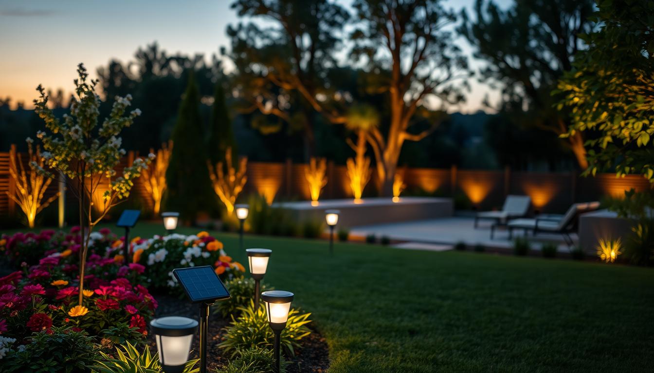A serene outdoor scene highlighting the environmental impact of accent lighting and solar landscape lights, featuring a lush garden during twilight. In the foreground, neatly arranged solar landscape lights softly illuminate colorful flower beds, while in the middle ground, warm LED accent lights highlight a modern patio area. The background reveals a tranquil landscape with trees bathed in a gentle glow, showcasing the harmony between technology and nature. The lighting is soft and diffused, creating an inviting ambiance, captured from a slightly elevated angle to provide depth. The atmosphere conveys a sense of sustainability and eco-friendliness, emphasizing the role of innovative lighting solutions like imltlled in enhancing outdoor spaces while being environmentally responsible.