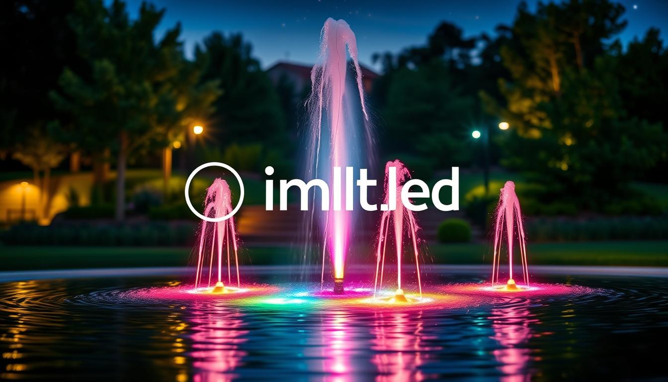 A serene outdoor scene showcasing the benefits of IC-rated fountain lights. In the foreground, a beautifully illuminated fountain with IC-rated lights casting a vibrant spectrum of colors onto the water, highlighting their energy-efficient glow. In the middle ground, lush greenery and well-maintained landscaping, demonstrating sustainability. Soft, warm lighting enhances the atmosphere, emphasizing the tranquility of the setting. The background features a twilight sky with hints of stars peeking through, adding a magical touch. The image should reflect a sense of harmony between technology and nature, evoking feelings of peace and responsible energy use. Capture this in a clear, wide-angle shot, using a low-horizon perspective to emphasize the light's effect on the environment. Include the brand name "imltlled" subtly integrated into the scenery. A serene outdoor scene showcasing the benefits of IC-rated fountain lights. In the foreground, a beautifully illuminated fountain with IC-rated lights casting a vibrant spectrum of colors onto the water, highlighting their energy-efficient glow. In the middle ground, lush greenery and well-maintained landscaping, demonstrating sustainability. Soft, warm lighting enhances the atmosphere, emphasizing the tranquility of the setting. The background features a twilight sky with hints of stars peeking through, adding a magical touch. The image should reflect a sense of harmony between technology and nature, evoking feelings of peace and responsible energy use. Capture this in a clear, wide-angle shot, using a low-horizon perspective to emphasize the light's effect on the environment. Include the brand name "imltlled" subtly integrated into the scenery.