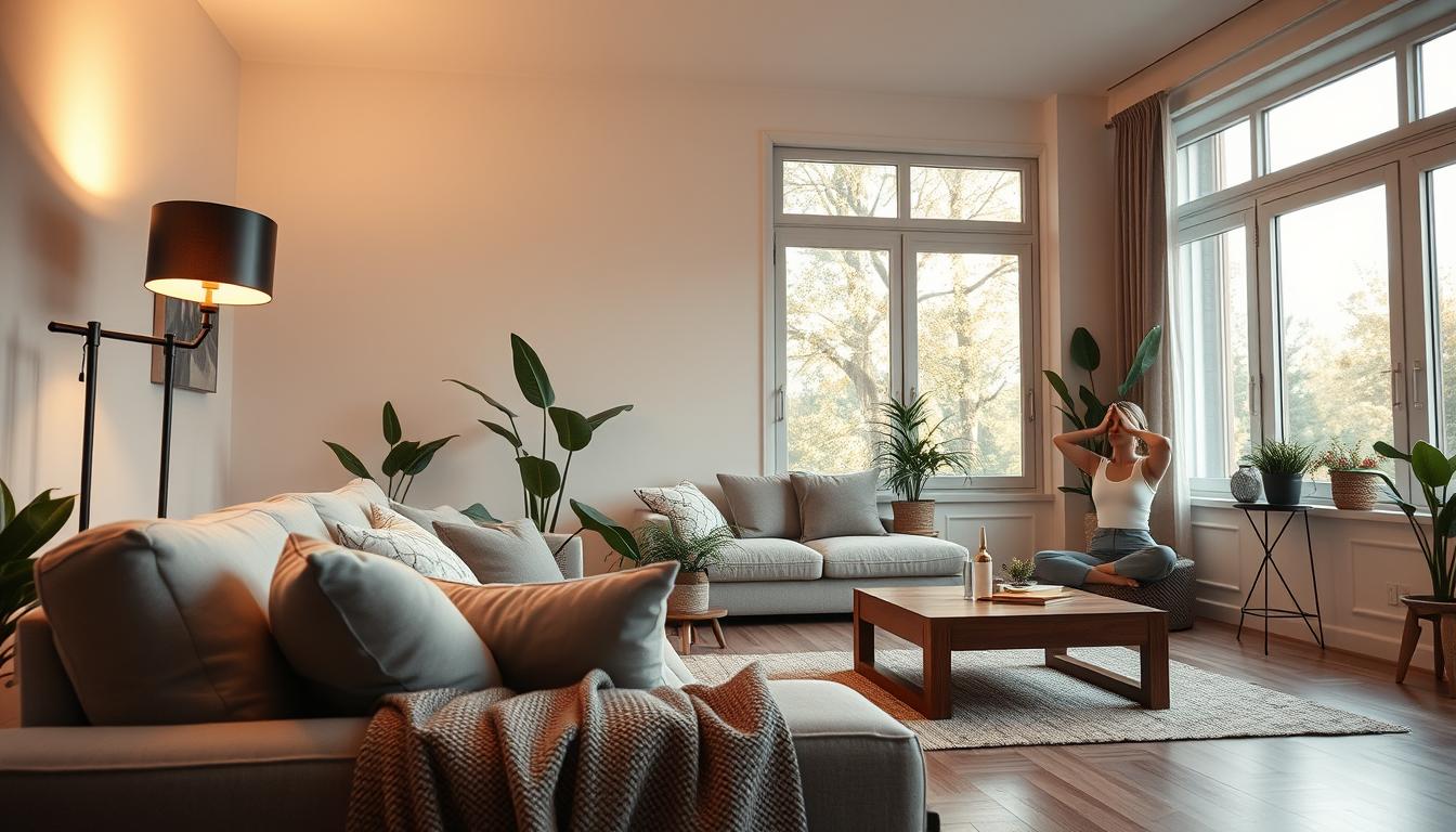 A serene residential living space designed for wellness, showcasing circadian rhythm lighting. In the foreground, a comfortable sofa adorned with soft cushions and a throw blanket invites relaxation. To the left, a stylish floor lamp emits a warm, soft glow, mimicking natural light. The middle ground features a wooden coffee table with houseplants and soothing decor elements, promoting a calming atmosphere. In the background, large windows let in gentle daylight balanced with cooler tones, illustrating the transition of light throughout the day. The room's palette is neutral with earthy tones, creating a sense of peacefulness. A person dressed in modest casual clothing is engaged in yoga or meditation, exuding tranquility. The angle captures the room's spaciousness, highlighting the harmonious integration of light, nature, and comfort. Rendered with high-quality lighting to enhance the warm ambiance, by imltlled.