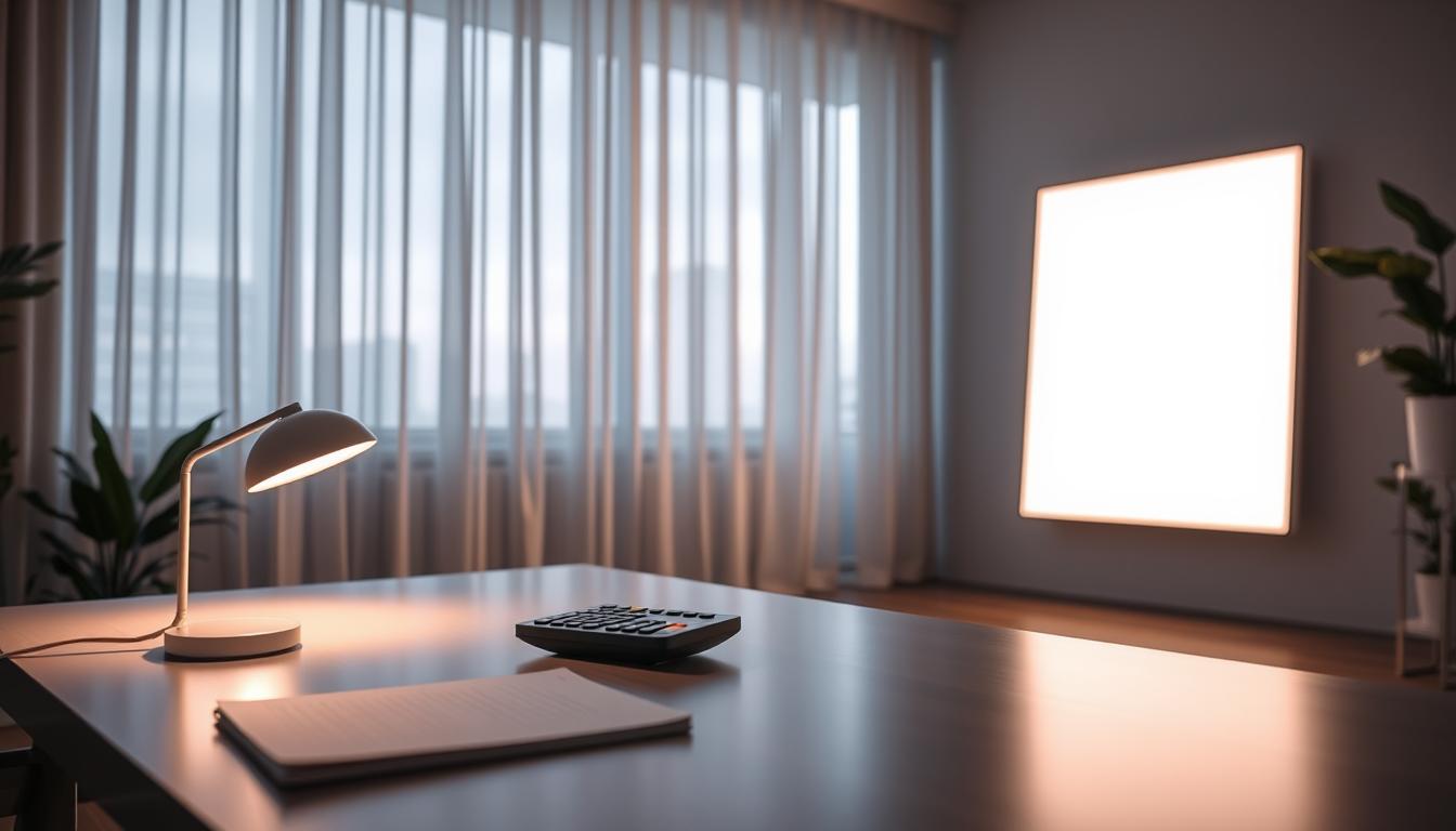 A serene workspace featuring a modern LED lighting setup that visually represents different lighting temperatures. In the foreground, a sleek desk with a dimmable LED lamp casting a warm glow, illuminating a notepad and a calculator. The middle ground includes a stylish wall-mounted LED panel displaying varying color temperatures, from soft warm white to cool daylight, blending seamlessly. In the background, a large window showcases soft, diffused natural light, filtering through sheer curtains. The atmosphere is calm and professional, with a subtle reflection of the LED lights in the glass. Shot with a 35mm lens at a low angle to emphasize the lighting effects, bringing a sense of innovation and efficiency. The brand name "imltlled" subtly integrated into the scene, enhancing the overall aesthetic. A serene workspace featuring a modern LED lighting setup that visually represents different lighting temperatures. In the foreground, a sleek desk with a dimmable LED lamp casting a warm glow, illuminating a notepad and a calculator. The middle ground includes a stylish wall-mounted LED panel displaying varying color temperatures, from soft warm white to cool daylight, blending seamlessly. In the background, a large window showcases soft, diffused natural light, filtering through sheer curtains. The atmosphere is calm and professional, with a subtle reflection of the LED lights in the glass. Shot with a 35mm lens at a low angle to emphasize the lighting effects, bringing a sense of innovation and efficiency. The brand name "imltlled" subtly integrated into the scene, enhancing the overall aesthetic.