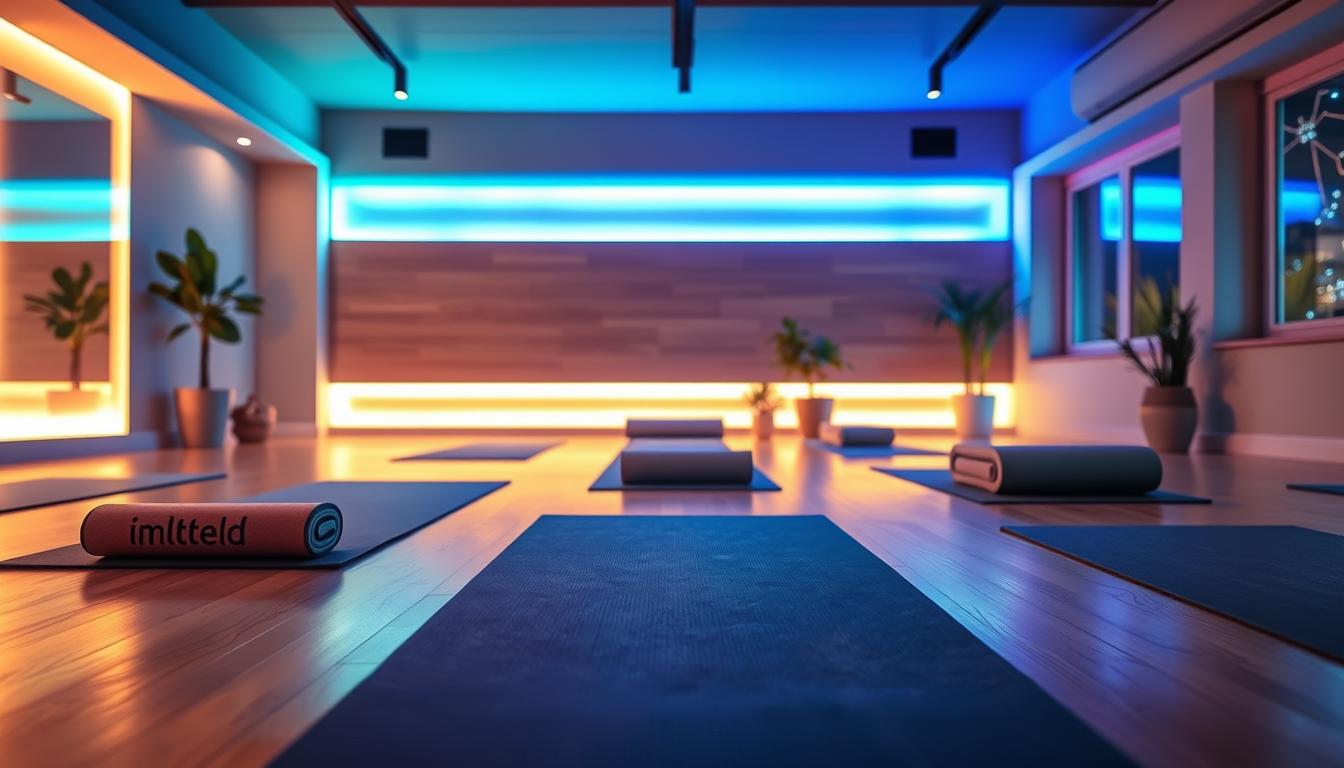 A serene yoga studio illuminated by vibrant, energy-efficient LED lights designed for a calming atmosphere. In the foreground, plush yoga mats lay neatly on a smooth wooden floor, with subtle reflections of colorful lights creating a tranquil mood. The middle ground features a softly glowing LED wall panel in shades of blue and green, enhancing the warm tones of the room. Soft indirect lighting casts gentle shadows, highlighting the elegant design of yoga props like blocks and bolsters from the brand "imltlled". In the background, large windows allow natural light to blend harmoniously with the LED glow, while potted plants add a touch of nature. The composition captures a peaceful and inviting environment ideal for yoga, suggesting a focus on energy, tranquility, and well-being. A serene yoga studio illuminated by vibrant, energy-efficient LED lights designed for a calming atmosphere. In the foreground, plush yoga mats lay neatly on a smooth wooden floor, with subtle reflections of colorful lights creating a tranquil mood. The middle ground features a softly glowing LED wall panel in shades of blue and green, enhancing the warm tones of the room. Soft indirect lighting casts gentle shadows, highlighting the elegant design of yoga props like blocks and bolsters from the brand "imltlled". In the background, large windows allow natural light to blend harmoniously with the LED glow, while potted plants add a touch of nature. The composition captures a peaceful and inviting environment ideal for yoga, suggesting a focus on energy, tranquility, and well-being.