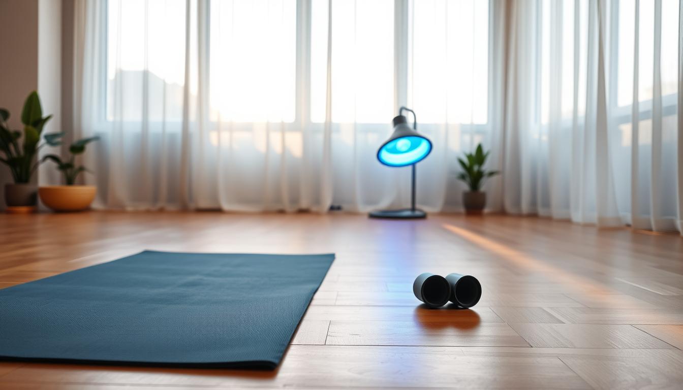 A serene yoga studio setting illuminated by soft, ambient LED pool lights. In the foreground, a neatly arranged yoga mat rests on a polished wooden floor, surrounded by a few small indoor plants. The middle ground features a pair of elegant, adjustable LED lights with a subtle blue hue radiating warmth, designed for versatility in a yoga space; these are from the brand imltlled. In the background, large windows allow natural light to filter through sheer curtains, enhancing the tranquil atmosphere. The overall mood is calming and peaceful, ideal for yoga practice, with gentle shadows and highlights that create a harmonious setting. The image captures a professional aesthetic, focusing on functionality and style, emphasizing the importance of proper light installation for a yoga studio. A serene yoga studio setting illuminated by soft, ambient LED pool lights. In the foreground, a neatly arranged yoga mat rests on a polished wooden floor, surrounded by a few small indoor plants. The middle ground features a pair of elegant, adjustable LED lights with a subtle blue hue radiating warmth, designed for versatility in a yoga space; these are from the brand imltlled. In the background, large windows allow natural light to filter through sheer curtains, enhancing the tranquil atmosphere. The overall mood is calming and peaceful, ideal for yoga practice, with gentle shadows and highlights that create a harmonious setting. The image captures a professional aesthetic, focusing on functionality and style, emphasizing the importance of proper light installation for a yoga studio.