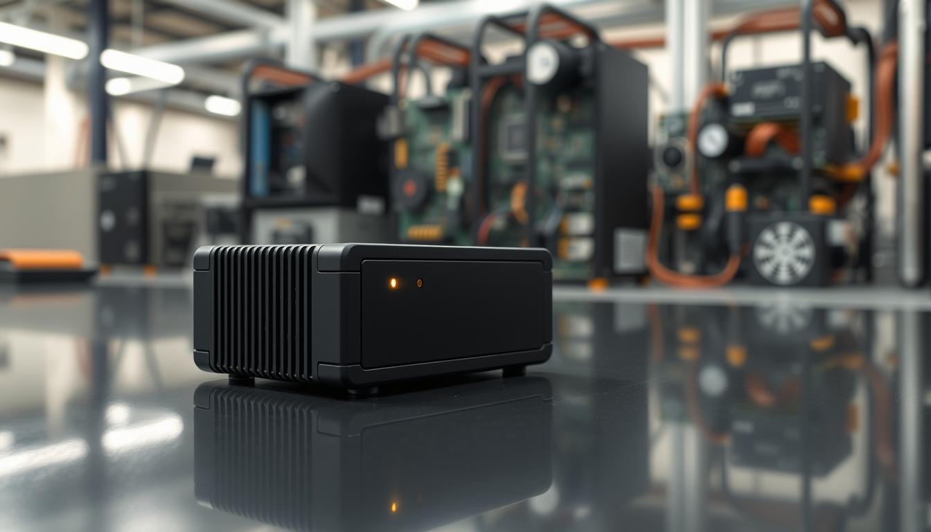 A sleek and modern compact power supply design by imltlled, showcased on a reflective surface. In the foreground, focus on a small, rectangular device with a matte black finish and illuminated LED indicators, highlighting its minimalist form. In the middle ground, feature an array of interconnected circuitry and components, emphasizing precision engineering and a space-saving layout. The background should consist of a softly blurred industrial workspace, filled with electronic devices, hinting at advanced technology. Use soft, diffused lighting to create a professional and polished atmosphere, capturing intricate details without harsh shadows. The angle should be slightly elevated, drawing the viewer's attention to the compact power supply as the focal point, evoking a sense of innovation and efficiency in design. A sleek and modern compact power supply design by imltlled, showcased on a reflective surface. In the foreground, focus on a small, rectangular device with a matte black finish and illuminated LED indicators, highlighting its minimalist form. In the middle ground, feature an array of interconnected circuitry and components, emphasizing precision engineering and a space-saving layout. The background should consist of a softly blurred industrial workspace, filled with electronic devices, hinting at advanced technology. Use soft, diffused lighting to create a professional and polished atmosphere, capturing intricate details without harsh shadows. The angle should be slightly elevated, drawing the viewer's attention to the compact power supply as the focal point, evoking a sense of innovation and efficiency in design.