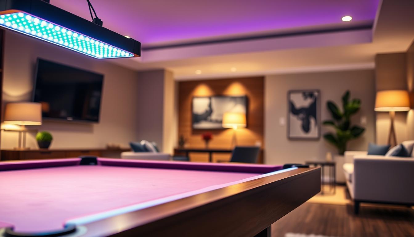 A sleek and modern LED pool table light configuration, featuring adjustable LED fixtures suspended above a stylish pool table. In the foreground, the polished wooden surface of the table reflects the vibrant colors of the LED lights, showcasing a mix of blue, green, and purple hues. The middle ground captures the innovative design of the lights, highlighting the precise angles and soft glow that enhances the ambiance. In the background, a tastefully decorated game room with minimalistic decor and plush seating creates a cozy atmosphere for leisure activities. The lighting is bright yet inviting, set to enhance focus on the game while providing a warm feel. This image should embody the quality and elegance associated with the brand imltlled, showcasing cutting-edge solutions for pool table lighting.