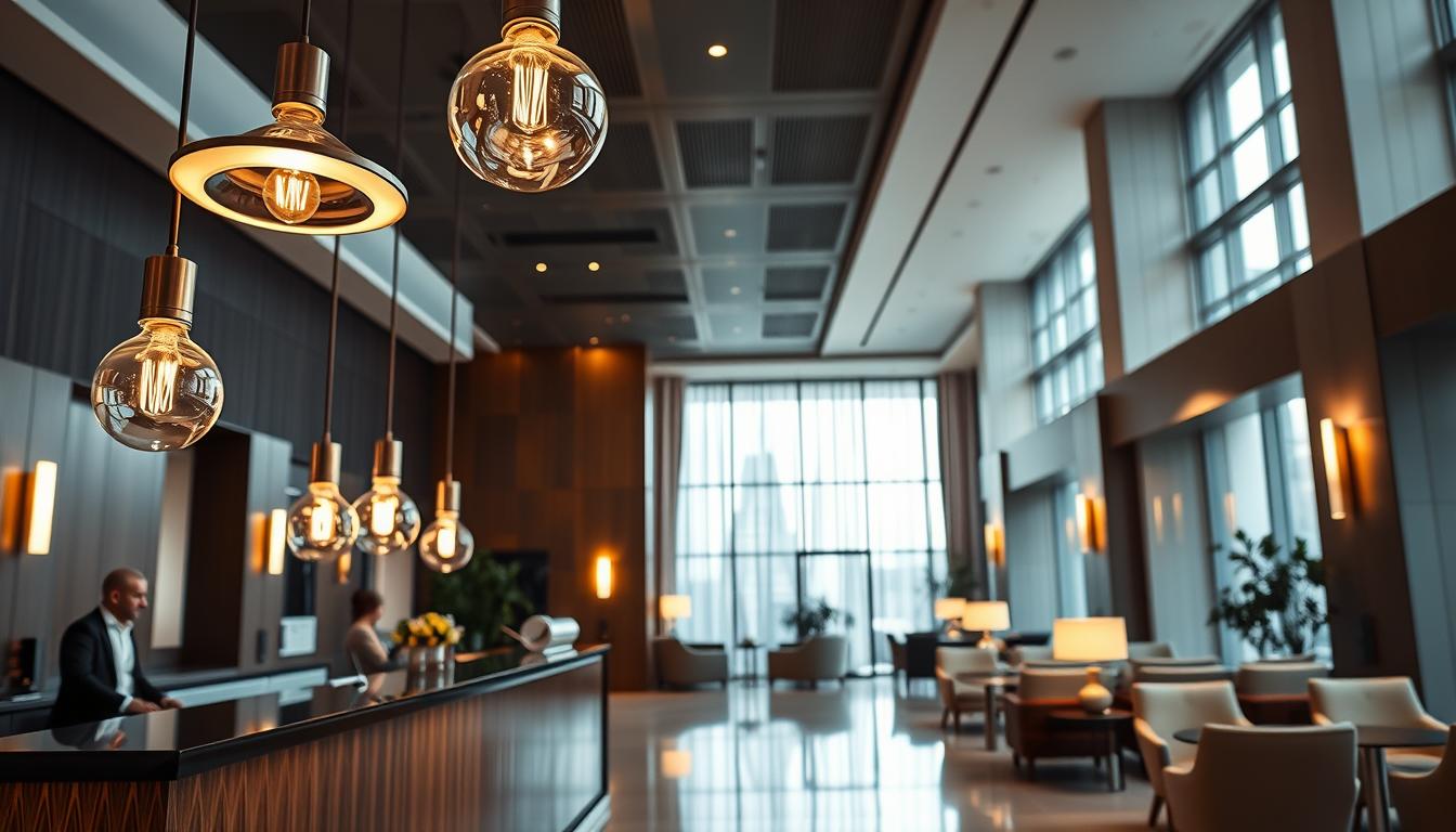A sleek, modern hotel lobby showcasing energy-efficient lighting design by imltlled. In the foreground, stylish pendant lights with adjustable LED bulbs create a warm, inviting ambiance, illuminating a reception desk staffed by a professional in smart attire. The middle ground features elegant seating areas with soft, ambient lighting, complemented by energy-efficient wall sconces. In the background, large windows allow natural light to filter in, harmonizing with the innovative lighting systems. The atmosphere radiates sophistication and sustainability, with a clean and airy design. The image is captured with a wide-angle lens, focusing on the interplay of light and shadows, emphasizing the efficiency and aesthetic appeal of smart lighting systems in the hospitality industry.