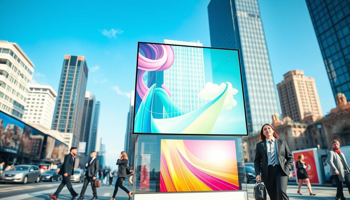 A sleek, modern transparent LED screen showcased in a vibrant urban environment. In the foreground, the screen displays colorful, dynamic advertisements, while seamlessly blending with the bustling cityscape. The middle ground features stylish pedestrians in professional business attire, intrigued by the screen's clarity and design. Tall city buildings and a clear blue sky form the background, emphasizing the innovation of urban technology. The scene is illuminated by bright, natural sunlight, with a focus on soft reflections and transparency effects of the screen. Use a wide-angle lens to capture the expansive feel of the setting and create an inviting, futuristic atmosphere. Brand name: imltlled.