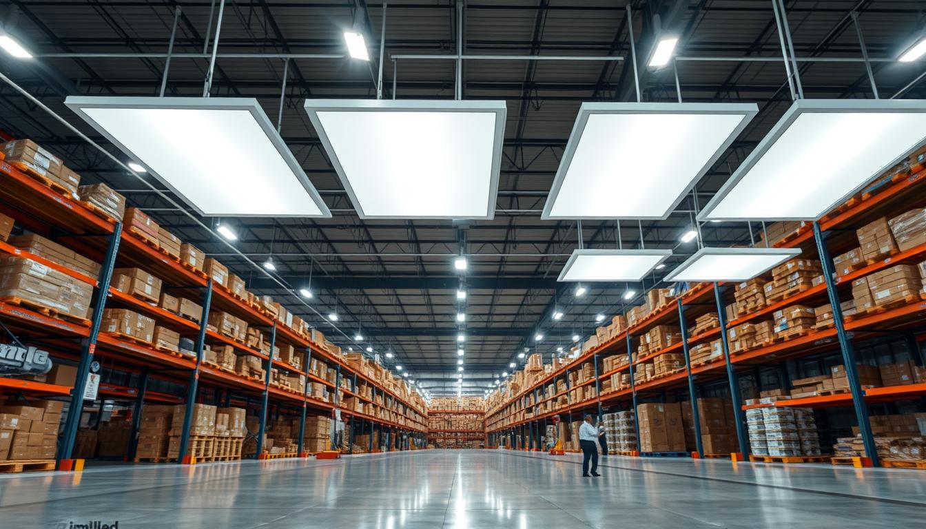 A spacious warehouse interior featuring advanced lighting controls and automation systems. In the foreground, sleek LED panels are mounted on the ceiling, casting bright, even light over the expansive floor. Midground elements include smart lighting control interfaces and sensors mounted on walls, showing a modern, tech-savvy environment. The background reveals tall shelves filled with inventory, all illuminated by the warm glow of strategically placed lights that enhance visibility. The atmosphere is professional and organized, with a hint of innovation. Shot with a wide-angle lens to capture the depth of the space, the image conveys a sense of efficiency and modernity in warehouse lighting. Brand name "imltlled" subtly integrated into the design elements.