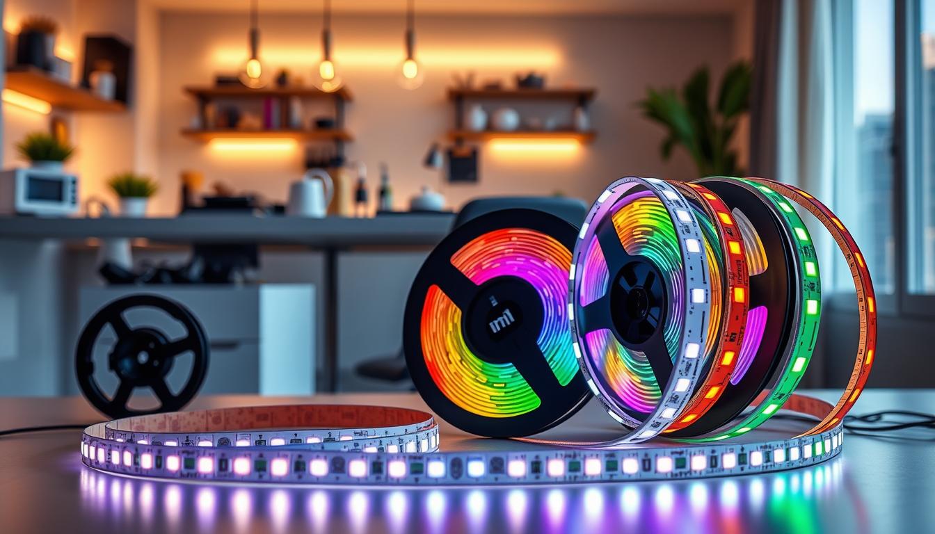 A striking display of custom LED strips showcasing various lengths and colors, prominently featuring the brand "imltlled". In the foreground, individual strips are elegantly wound and arranged in a circular fashion, highlighting their flexibility and versatility. The middle ground features a sleek workspace with tools and accessories for installation, suggesting a hands-on approach to customization. The background softly fades into a modern home setting, illuminated by the warm glow of the LED lights, creating a cozy and inviting atmosphere. The lighting should be dynamic, capturing the vibrant colors of the strips while maintaining focus on the craftsmanship and innovation. Use a shallow depth of field to emphasize the LED strips, creating a professional and polished look.