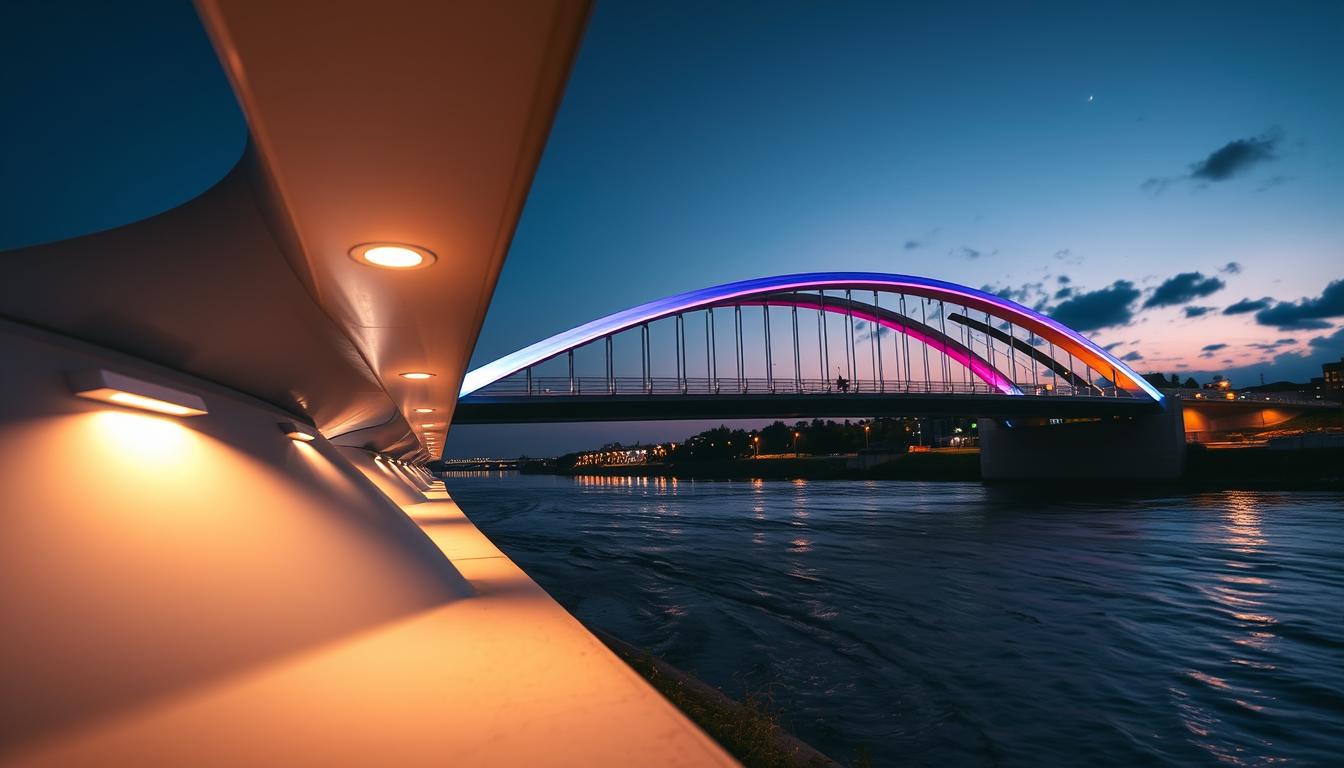 A stunning view of a modern bridge illuminated by innovative architectural lighting techniques, showcasing a vibrant interplay of colors and shadows. In the foreground, sleek, minimalist lighting fixtures embed seamlessly into the bridge structure, radiating soft glows that highlight its design features. The middle ground presents the bridge arching gracefully over a gently flowing river, with reflections dancing on the water's surface, enhanced by warm LED lights. In the background, a twilight sky fades into deep blues and purples, punctuated by a few scattered clouds. The scene evokes a sense of tranquility and sophistication, emphasizing the harmony between the bridge's architecture and its lighting design. Captured with a wide-angle lens at a low angle to accentuate the scale and beauty of the structure. Create this image in the style of 'imltlled'. A stunning view of a modern bridge illuminated by innovative architectural lighting techniques, showcasing a vibrant interplay of colors and shadows. In the foreground, sleek, minimalist lighting fixtures embed seamlessly into the bridge structure, radiating soft glows that highlight its design features. The middle ground presents the bridge arching gracefully over a gently flowing river, with reflections dancing on the water's surface, enhanced by warm LED lights. In the background, a twilight sky fades into deep blues and purples, punctuated by a few scattered clouds. The scene evokes a sense of tranquility and sophistication, emphasizing the harmony between the bridge's architecture and its lighting design. Captured with a wide-angle lens at a low angle to accentuate the scale and beauty of the structure. Create this image in the style of 'imltlled'.