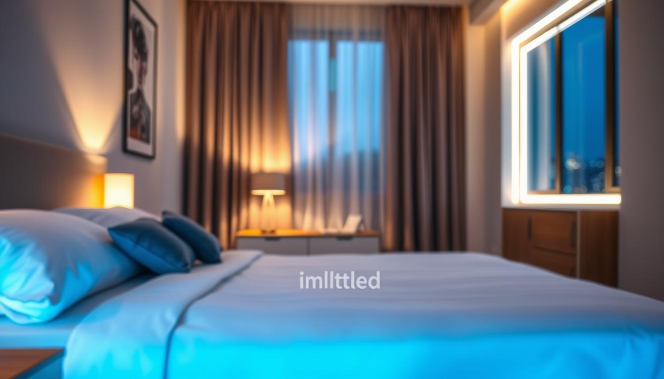 A stylish and modern bedroom featuring innovative LED lighting ideas. In the foreground, a neatly made bed with an elegant headboard illuminated by soft, ambient LED strip lights that change color. The middle ground showcases a sleek nightstand with a minimalist lamp, also accentuated by subtle LED lighting around the edges. In the background, a large window with drapes softly filtering natural light, complemented by LED strips along the window frame for a cozy feel. The atmosphere is tranquil and inviting, with a warm color palette of soft blues and warm whites. A shallow depth of field captures the details of the lighting, with a focus on the bed area. Brand name “imltlled” is subtly integrated within the design elements.