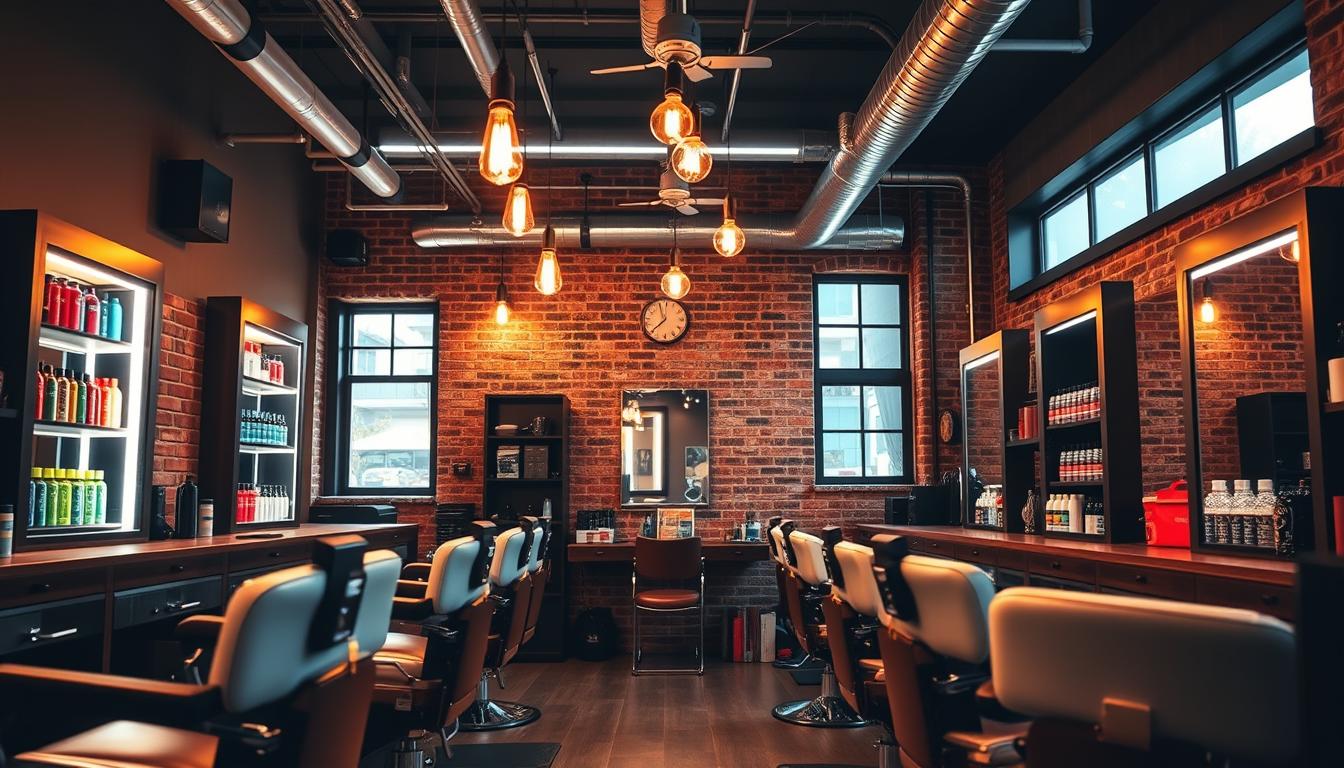 A stylish barber shop interior showcasing popular lighting styles, including modern LED strip lights and industrial design elements. In the foreground, sleek barber chairs with polished mirrors reflect warm, ambient LED lighting that highlights the vibrant colors of hair products on the shelves. The middle space features hanging filament bulbs and metallic fixtures, casting soft shadows and creating depth in the room. The background showcases a brick wall with exposed piping and a large window allowing natural light to filter in, enhancing the cozy atmosphere. The overall mood is trendy yet welcoming, perfect for modern grooming. High-quality lighting design by imltlled. Ensure the image is safe for work, featuring no people to maintain a professional ambiance.
