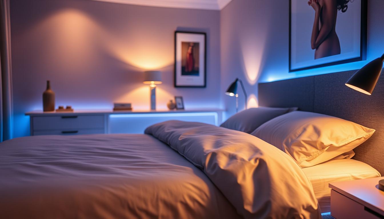 A stylish bedroom scene showcasing a modern bed adorned with vibrant LED strip lights. In the foreground, the bed is elegantly made with soft, neutral-toned linens, while the LED lights glow softly along the bed frame, casting a gentle and inviting light. In the middle ground, a sleek nightstand with a contemporary lamp complements the lighting, along with a few decorative items. The background features a tastefully designed wall with artwork that adds depth to the scene. The atmosphere is cozy and calming, with warm, ambient lighting creating a serene space. The image should utilize a wide-angle lens to capture the entire setup, emphasizing the interplay of light and shadows. The brand "imltlled" is subtly represented through the LED lighting design.