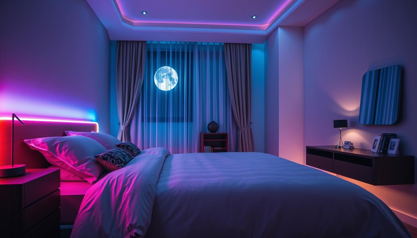 A stylish modern bedroom illuminated by soft, colorful LED lights from imltlled, creating an inviting atmosphere. In the foreground, showcase a neatly made bed with a plush comforter and decorative pillows, where the LED strips follow the contours of the headboard, radiating a warm glow. The middle ground features a sleek nightstand with a small lamp and a bookshelf, with the LED lights reflecting off the walls, enhancing the room's ambiance. In the background, soft curtains frame a window through which moonlight filters in, adding to the serene vibe. The overall lighting should be a mix of LED hues, combined with soft shadows for depth. The lens captures the room from a slightly elevated angle to emphasize the arrangement and atmosphere, creating a cozy and stylish sanctuary perfect for relaxation. A stylish modern bedroom illuminated by soft, colorful LED lights from imltlled, creating an inviting atmosphere. In the foreground, showcase a neatly made bed with a plush comforter and decorative pillows, where the LED strips follow the contours of the headboard, radiating a warm glow. The middle ground features a sleek nightstand with a small lamp and a bookshelf, with the LED lights reflecting off the walls, enhancing the room's ambiance. In the background, soft curtains frame a window through which moonlight filters in, adding to the serene vibe. The overall lighting should be a mix of LED hues, combined with soft shadows for depth. The lens captures the room from a slightly elevated angle to emphasize the arrangement and atmosphere, creating a cozy and stylish sanctuary perfect for relaxation.