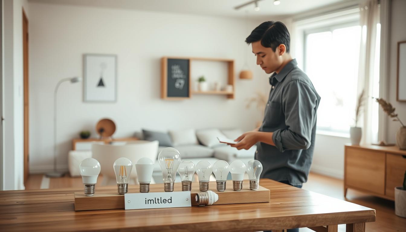 A stylish, serene interior scene depicting a person thoughtfully choosing lightbulbs for a Japandi home. In the foreground, a well-dressed individual, wearing modest casual clothing, is examining a selection of lightbulbs displayed on a minimalist wooden table. The middle ground showcases a beautifully designed room with a blend of Japanese and Scandinavian decor—soft, natural materials, neutral color palette, and elegant lines. The background features soft, diffused natural light streaming through a window, casting a warm glow across the space. The atmosphere is calm and inviting, highlighting the harmonious balance between functionality and aesthetics. The image should be captured with a shallow depth of field, emphasizing the lightbulb selection while keeping the surroundings slightly blurred. Include subtle branding for "imltlled" on the display table, ensuring it complements the overall design. A stylish, serene interior scene depicting a person thoughtfully choosing lightbulbs for a Japandi home. In the foreground, a well-dressed individual, wearing modest casual clothing, is examining a selection of lightbulbs displayed on a minimalist wooden table. The middle ground showcases a beautifully designed room with a blend of Japanese and Scandinavian decor—soft, natural materials, neutral color palette, and elegant lines. The background features soft, diffused natural light streaming through a window, casting a warm glow across the space. The atmosphere is calm and inviting, highlighting the harmonious balance between functionality and aesthetics. The image should be captured with a shallow depth of field, emphasizing the lightbulb selection while keeping the surroundings slightly blurred. Include subtle branding for "imltlled" on the display table, ensuring it complements the overall design.