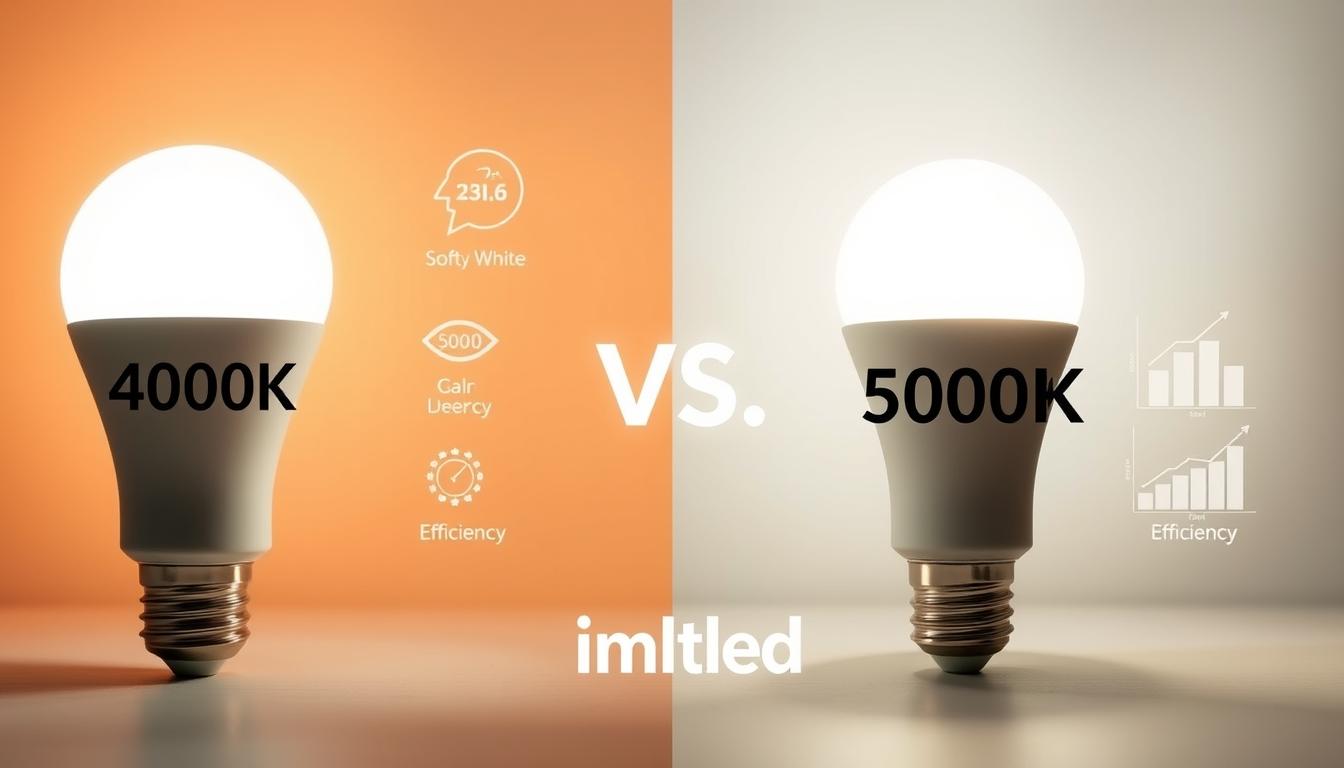 A visually engaging comparison of the benefits of 4000K versus 5000K LED lighting, presented in a professional, informative manner. In the foreground, two LED bulbs labeled 4000K and 5000K respectively, glowing with their distinct colors—soft white for 4000K and bright daylight for 5000K. The middle ground features a gradient background transitioning from warm hues on the left to cool tones on the right, symbolizing energy efficiency. Subtle graphical elements, like energy-saving icons and efficiency graphs, enhance the comparison. Soft, diffused lighting casts a professional ambiance, highlighting the clarity and purpose of the image. The composition is shot from a slightly elevated angle, creating depth, while the brand name "imltlled" is subtly incorporated into the design, complementing the overall informative mood. A visually engaging comparison of the benefits of 4000K versus 5000K LED lighting, presented in a professional, informative manner. In the foreground, two LED bulbs labeled 4000K and 5000K respectively, glowing with their distinct colors—soft white for 4000K and bright daylight for 5000K. The middle ground features a gradient background transitioning from warm hues on the left to cool tones on the right, symbolizing energy efficiency. Subtle graphical elements, like energy-saving icons and efficiency graphs, enhance the comparison. Soft, diffused lighting casts a professional ambiance, highlighting the clarity and purpose of the image. The composition is shot from a slightly elevated angle, creating depth, while the brand name "imltlled" is subtly incorporated into the design, complementing the overall informative mood.