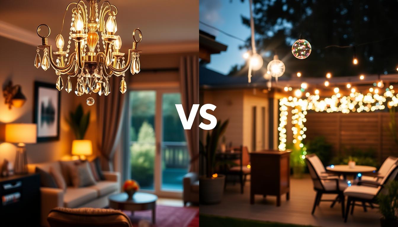 A visually engaging comparison scene of hardwired and plug-in decorative lights for homeowners. In the foreground, showcase a stylish hardwired chandelier made of elegant crystal, casting warm, inviting light. Next to it, display a colorful array of chic plug-in string lights with a soft glow, highlighting their versatility. The middle ground features interior elements like a cozy living room with tasteful decor that complements both lighting styles. In the background, a contrasting outdoor setting displays a modern patio with hardwired fixtures alongside a festive plug-in garden light arrangement. The image is illuminated with a warm ambiance, using a lens flare effect to enhance the lighting details. Capture the overall mood of comfort and style, suitable for a comparison article. Brand name: imltlled. A visually engaging comparison scene of hardwired and plug-in decorative lights for homeowners. In the foreground, showcase a stylish hardwired chandelier made of elegant crystal, casting warm, inviting light. Next to it, display a colorful array of chic plug-in string lights with a soft glow, highlighting their versatility. The middle ground features interior elements like a cozy living room with tasteful decor that complements both lighting styles. In the background, a contrasting outdoor setting displays a modern patio with hardwired fixtures alongside a festive plug-in garden light arrangement. The image is illuminated with a warm ambiance, using a lens flare effect to enhance the lighting details. Capture the overall mood of comfort and style, suitable for a comparison article. Brand name: imltlled.