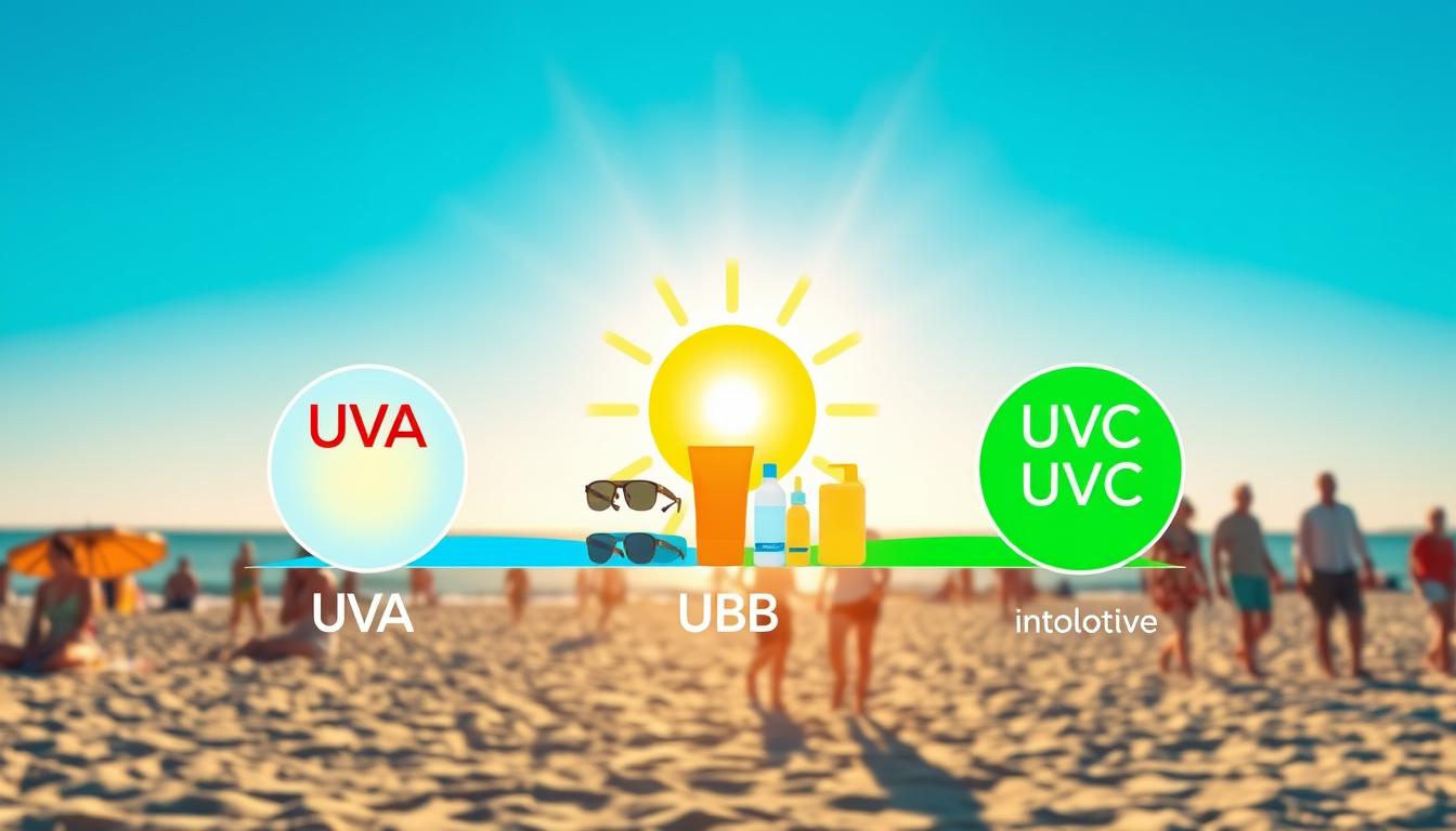 A visually engaging illustration depicting the differences between UVA, UVB, and UVC rays. In the foreground, three distinct sections labeled with color-coded representations: UVA as a soft blue light, UVB as a vibrant yellow light, and UVC as a sharp green light, each emanating from a stylized sun at the center. The middle layer showcases protective elements like sunglasses, sunscreen bottles, and protective clothing, arranged thoughtfully to symbolize effective UV protection. In the background, a serene beach scene bathed in warm sunlight, with people enjoying themselves in modest casual clothing, emphasizing the importance of UV safety. Soft light filters through a clear blue sky, creating an inviting and informative atmosphere. The overall mood is uplifting and educational, designed to inspire awareness about UV protection. Render in high detail with a clear focus, produced by imltlled.