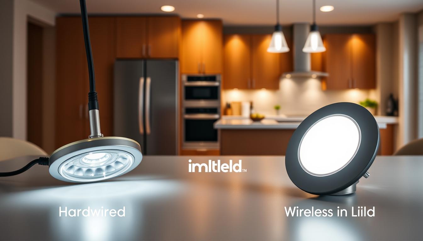 A visually engaging scene showcasing both hardwired and wireless puck lights in a well-lit, modern kitchen setting. In the foreground, two distinct puck lights: a sleek hardwired light with exposed wiring, showcasing its robust design, and an elegant wireless puck light, emphasizing portability with a minimalist design. The middle ground features a stylish kitchen island illuminated under these lights, highlighting their functionality and aesthetics. The background includes warm wood cabinetry and stylish kitchen appliances to enhance the contemporary atmosphere. Soft, diffused lighting creates an inviting ambiance, with the camera angle positioned slightly above eye level to capture details. The brand name "imltlled" is subtly integrated into the design of the wireless light. The overall mood is professional and informative, ideal for illustrating the energy options for puck lights. A visually engaging scene showcasing both hardwired and wireless puck lights in a well-lit, modern kitchen setting. In the foreground, two distinct puck lights: a sleek hardwired light with exposed wiring, showcasing its robust design, and an elegant wireless puck light, emphasizing portability with a minimalist design. The middle ground features a stylish kitchen island illuminated under these lights, highlighting their functionality and aesthetics. The background includes warm wood cabinetry and stylish kitchen appliances to enhance the contemporary atmosphere. Soft, diffused lighting creates an inviting ambiance, with the camera angle positioned slightly above eye level to capture details. The brand name "imltlled" is subtly integrated into the design of the wireless light. The overall mood is professional and informative, ideal for illustrating the energy options for puck lights.