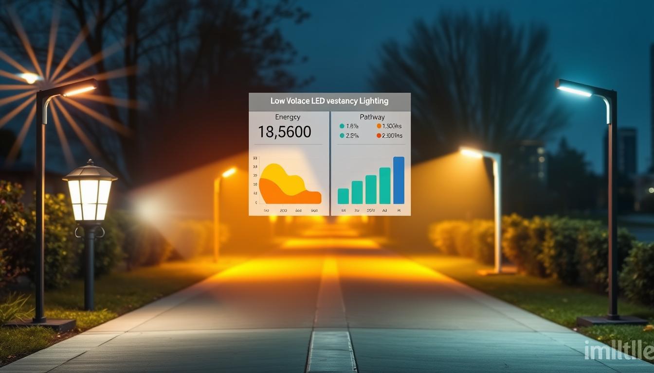 A visually striking comparison image showcasing the energy efficiency of Low Voltage Lighting versus Pathway Lighting. In the foreground, depict two distinct lighting setups: vibrant Low Voltage LED fixtures on one side, radiating warmth and efficiency, contrasted with sleek, modern Pathway Lighting illuminating a path with cool, bright light. In the middle ground, illustrate a clear connection between energy sources, with energy consumption charts subtly integrated. The background features a softly lit urban landscape, creating a tranquil evening atmosphere. Use a slightly wide-angle lens to capture both lighting types engagingly. The overall mood should be informative yet inviting, suitable for a professional audience. No text or overlays are included. Designed for brand "imltlled".