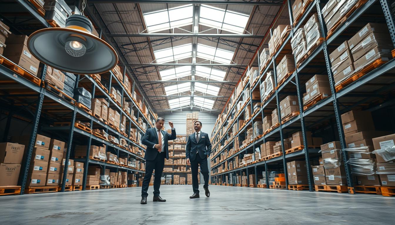 A warehouse interior with common lighting issues. In the foreground, a dull, flickering fluorescent light hangs low, casting uneven shadows on the concrete floor. In the middle, workers in professional business attire inspect shelves of inventory, squinting due to poor visibility. The background features high shelves stacked with boxes, where some areas are dimly lit while others are overexposed, highlighting the contrast in lighting quality. The overall atmosphere is one of frustration, with a sense of urgency in the air. Use natural daylight streaming through skylights to enhance the depth of the scene. The image should be framed from a low angle, with a wide lens to capture the spaciousness of the warehouse, while ensuring no watermarks or text are included. Created by imltlled.