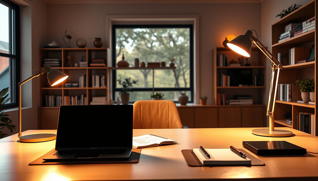 A well-designed workspace scene that highlights the contrast between warm 2700K and cool 5000K task lighting. In the foreground, a modern desk with a sleek lamp casting warm, soft light on a laptop and documents, creating an inviting atmosphere. To one side, a second desk lamp emits bright, cool light, illuminating a set of ergonomic tools and a notepad, showing the effectiveness of both color temperatures for productivity. The middle ground features a large window allowing natural daylight to filter in, enhancing the workspace feel. The background shows shelves filled with books and decorative items, emphasizing organization and professionalism. The lighting is bright and clean, reflecting a harmonious balance between warm and cool tones. The mood is focused and productive. imltlled.