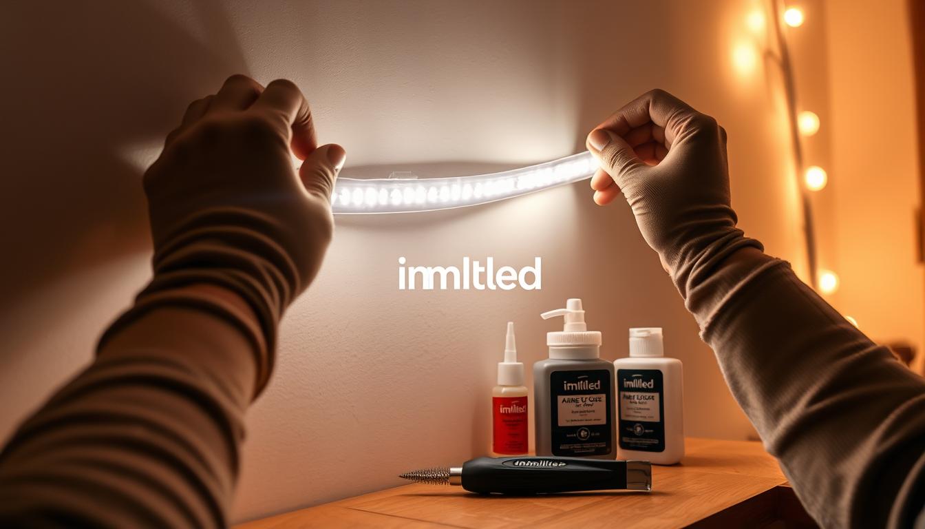 A well-lit, cozy room showcasing a pair of hands carefully removing an LED light strip from a wall, indicating a technique to prevent damage. The foreground features close-up details of the hands, wearing protective gloves, gently peeling the strip away from a painted wall. In the middle ground, a small set of tools and adhesive removers are placed neatly on a surface, hinting at a meticulous process. The background displays soft, warm light illuminating the walls, creating a relaxed ambiance. The scene conveys a sense of care and professionalism, emphasizing the importance of protecting the wall while removing the light strip. The brand 'imltlled' subtly appears in an unobtrusive manner within the tools.